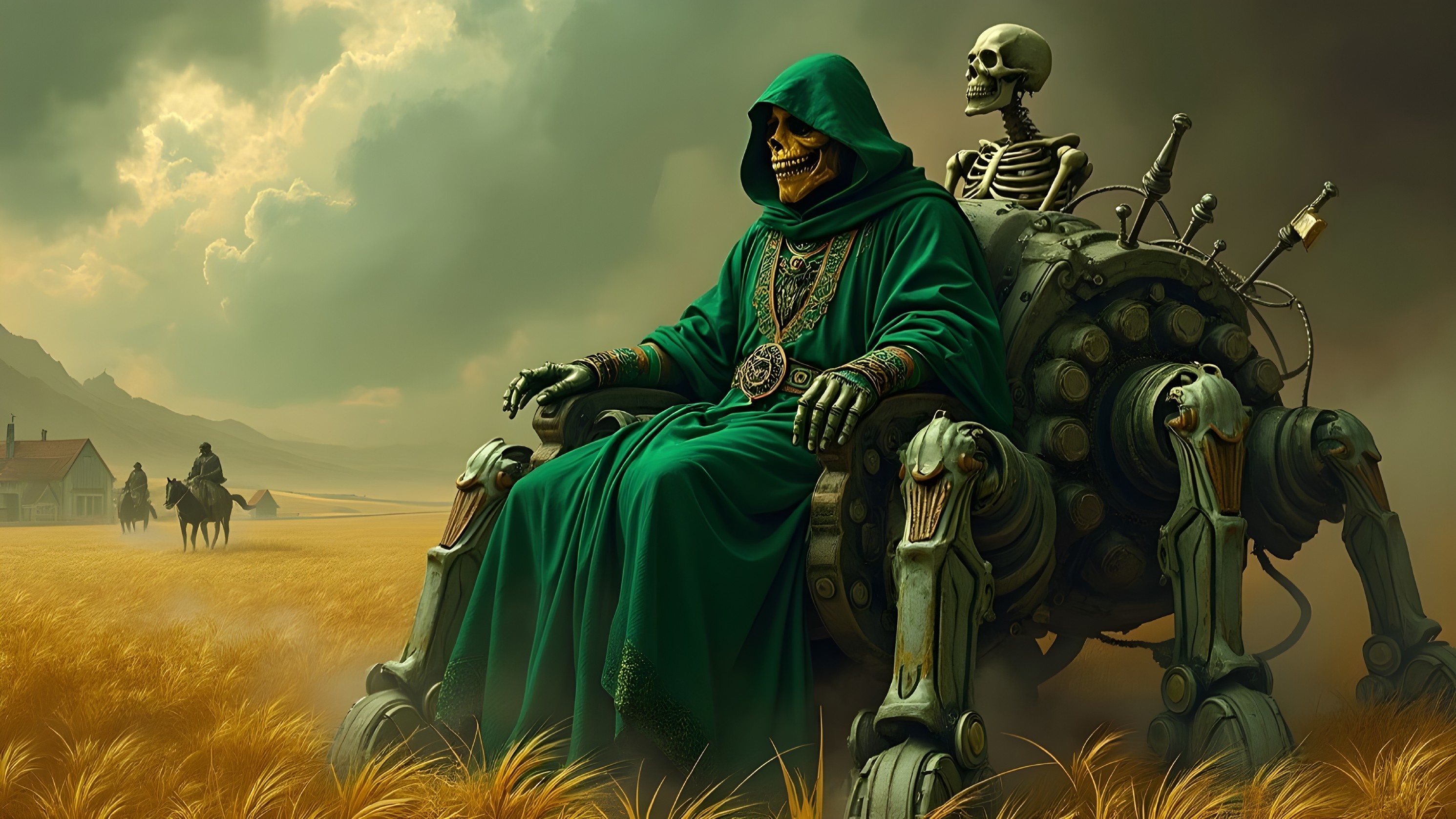 Cloaked Skeleton on Mechanical Throne in Wheat Field