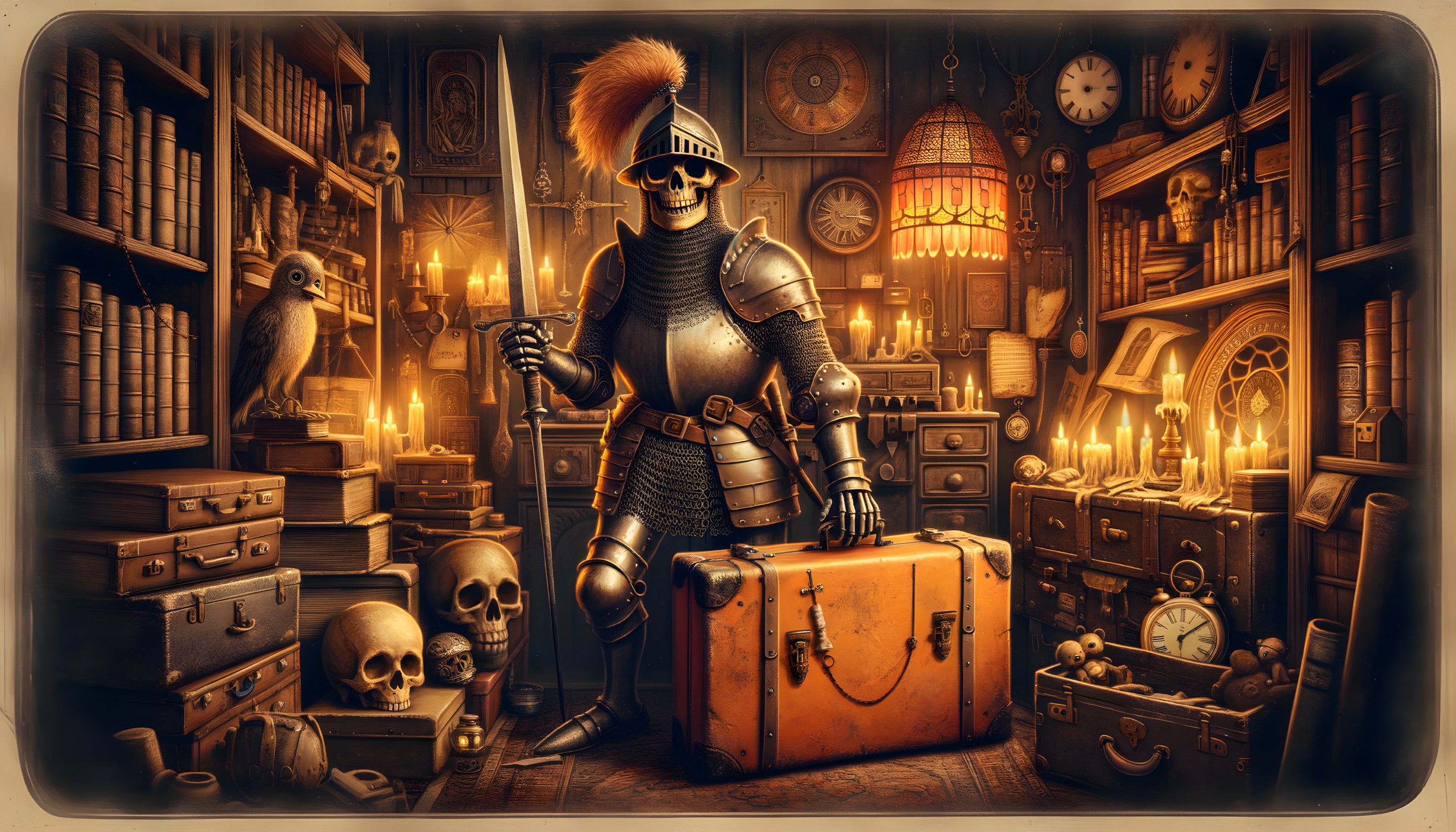 Skeletal Knight in Dim Room of Ancient Artifacts