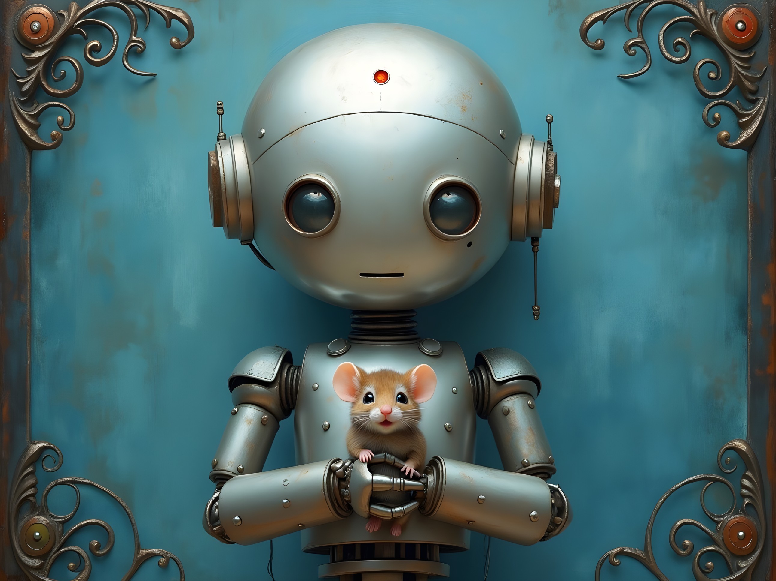 Retro-futuristic robot with mouse on a decorative backdrop