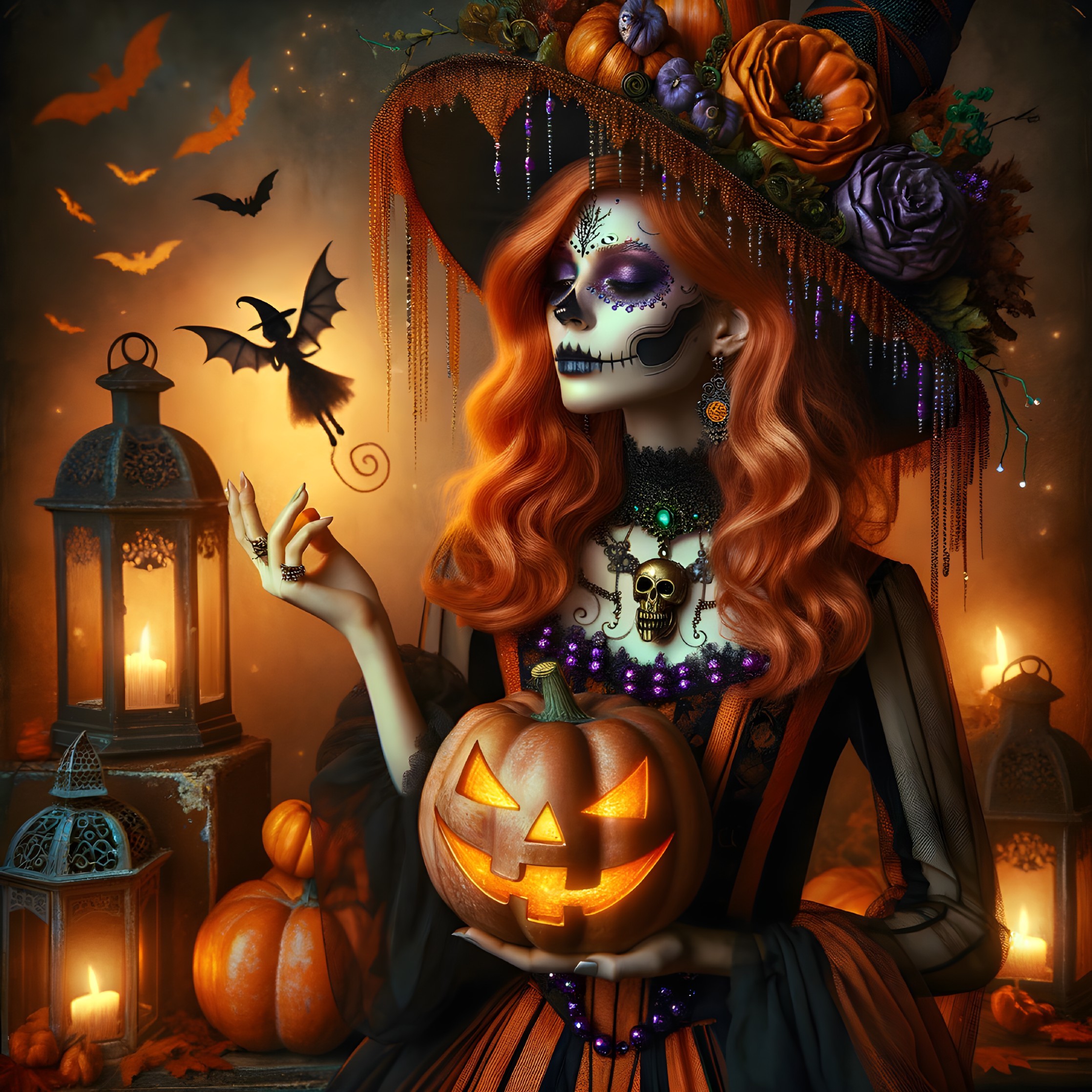 Colorful Witch Character in Spooky Halloween Scene
