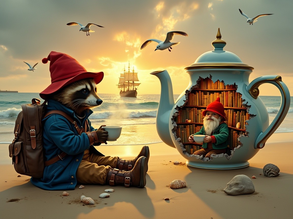 Raccoon with Teapot and Gnome on Sunrise Beach
