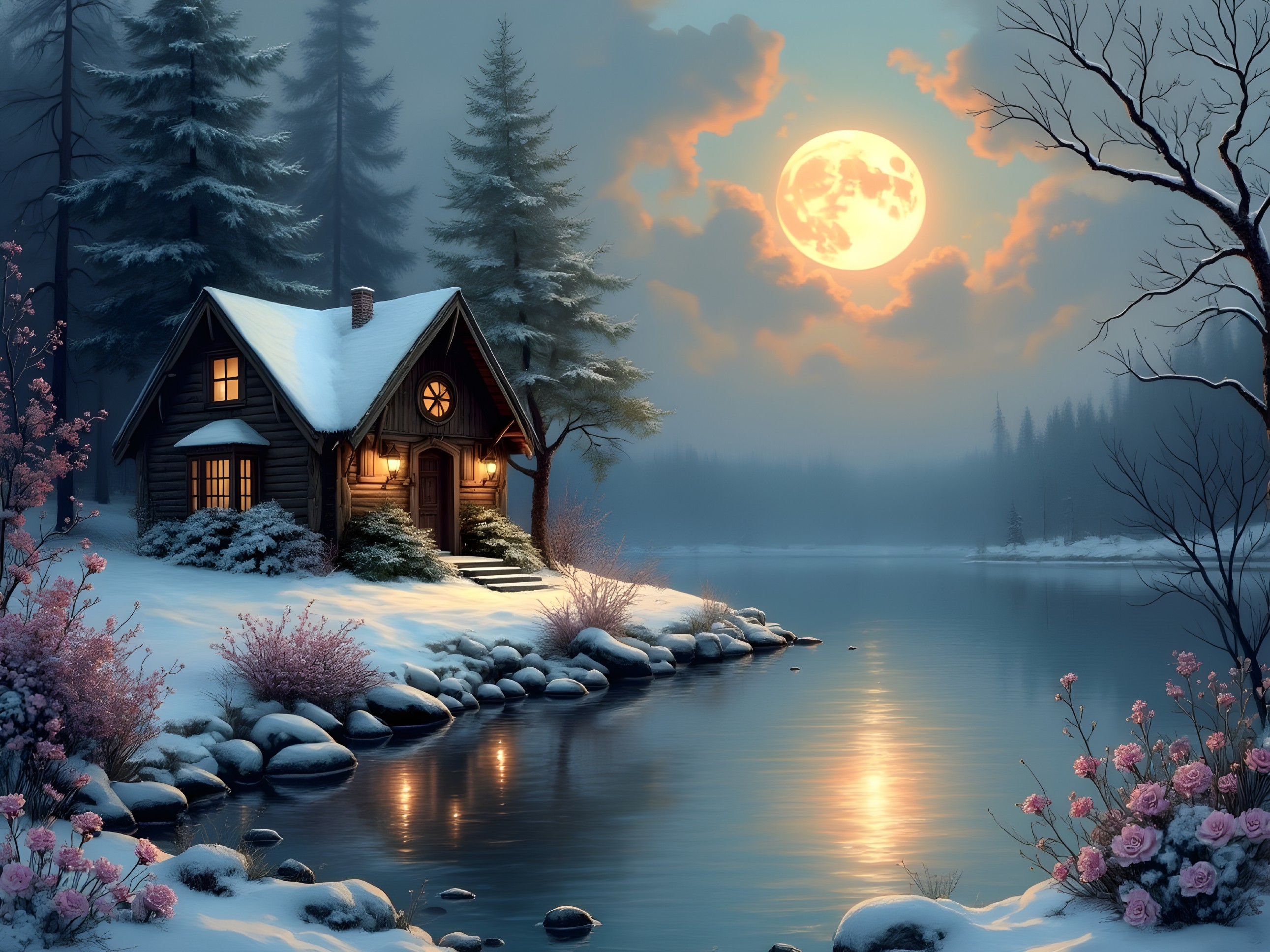 Cozy cabin by tranquil lake in snowy landscape