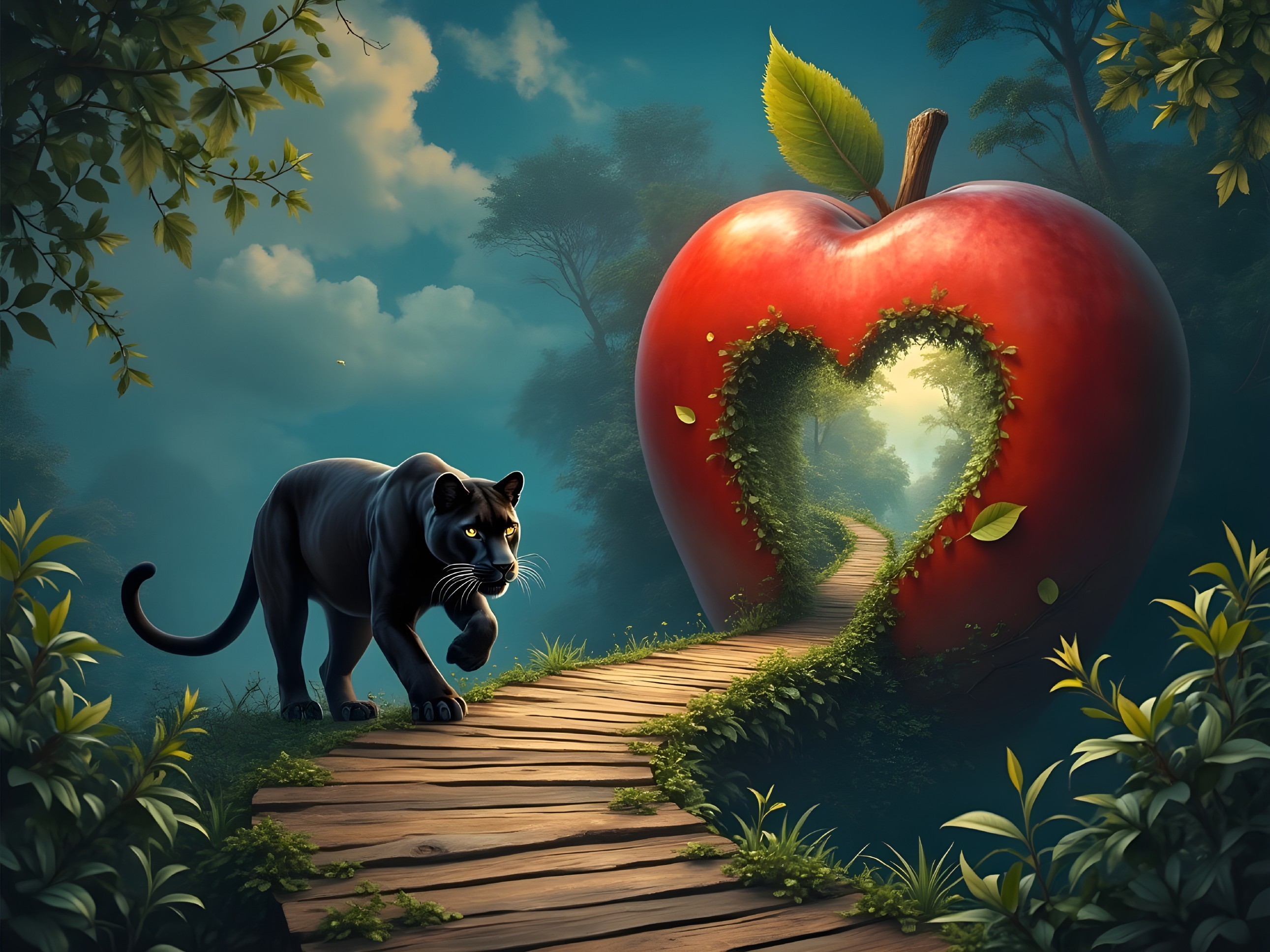 Black Panther on Path to Heart-Shaped Apple in Forest