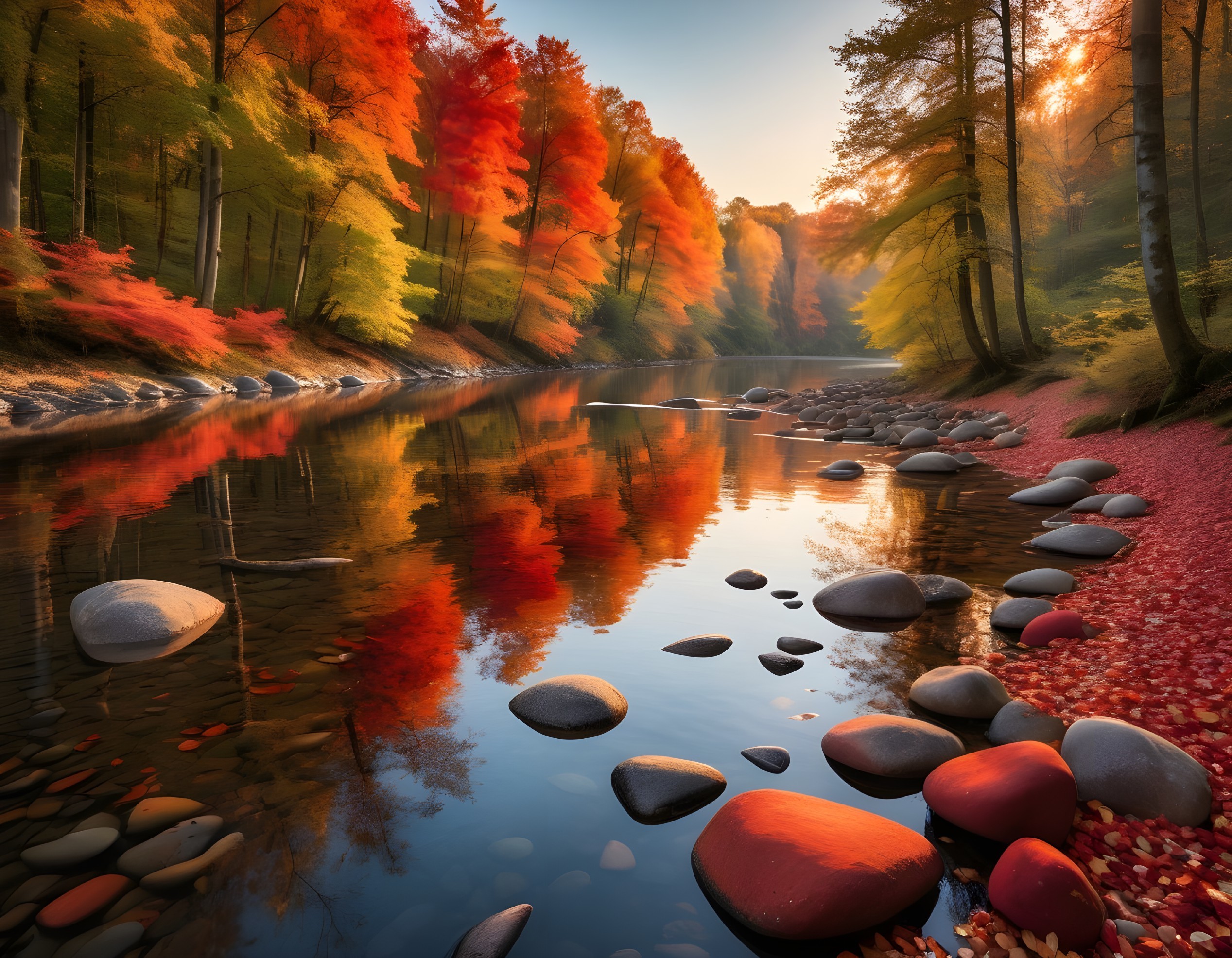 Serene River in Vibrant Autumn Landscape