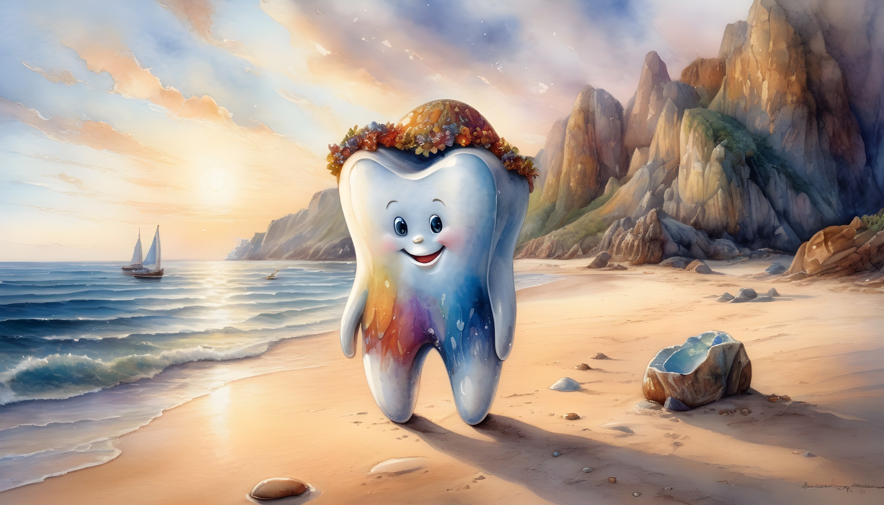 Whimsical Tooth Character on a Beach with Sailboat