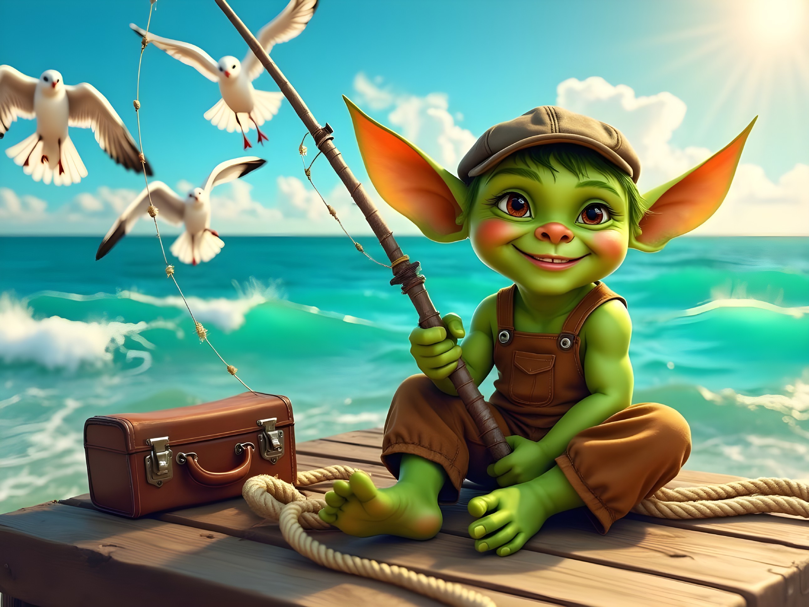Whimsical Green-Skinned Creature Fishing on Pier