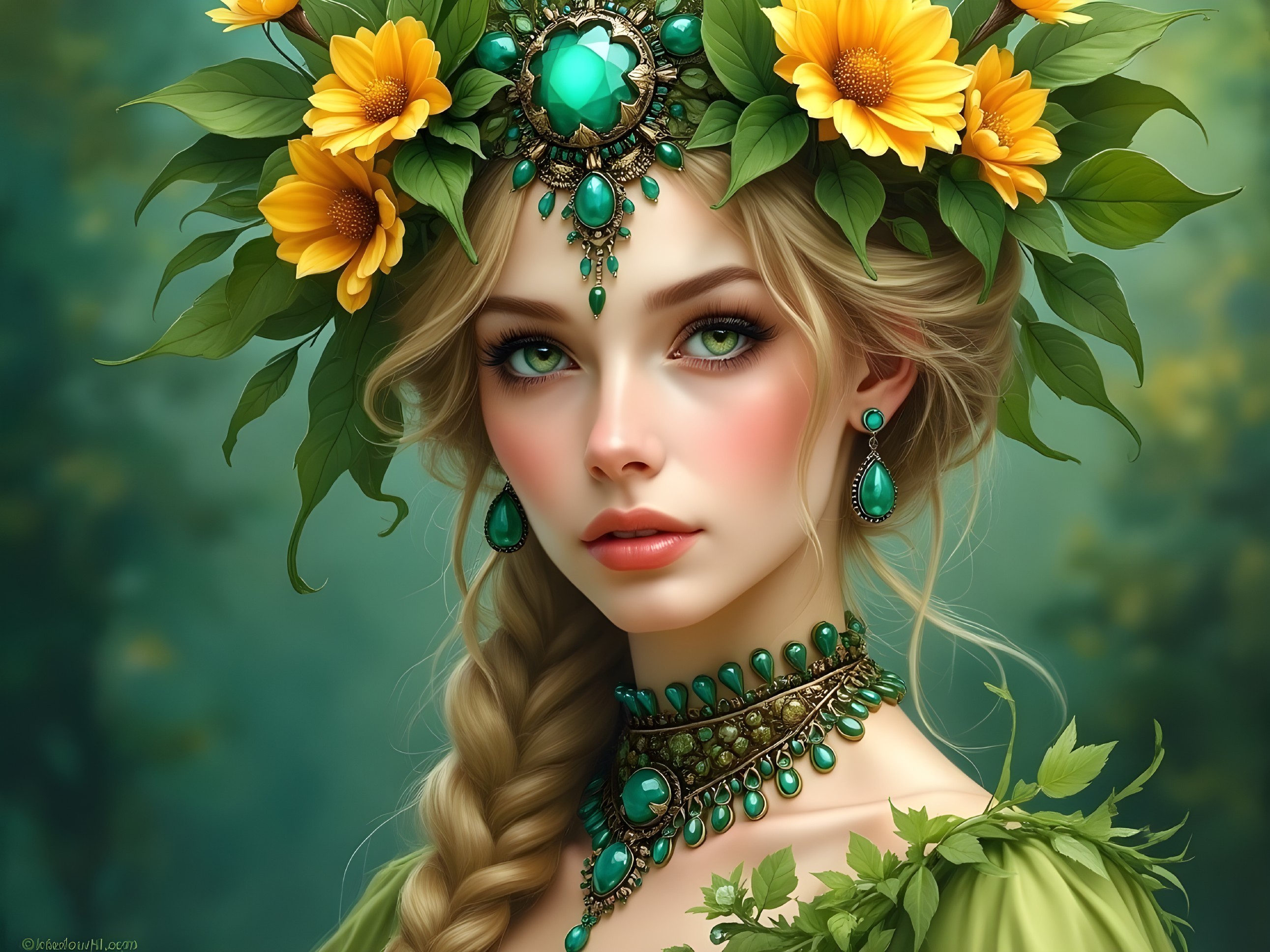 Young woman with sunflower crown and emerald jewelry