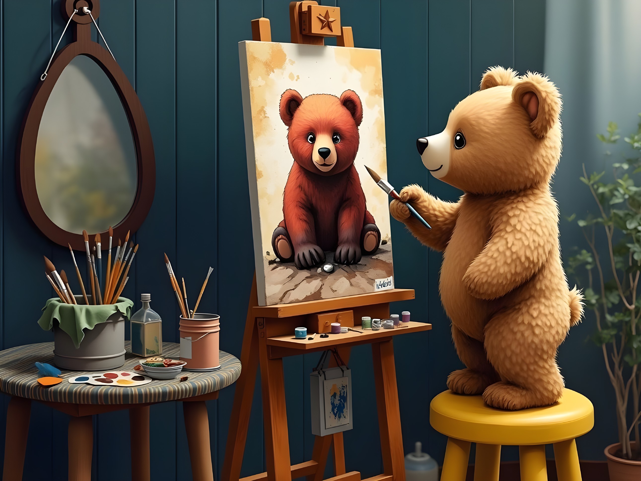Furry Bear Painting a Baby Bear in Cozy Art Studio