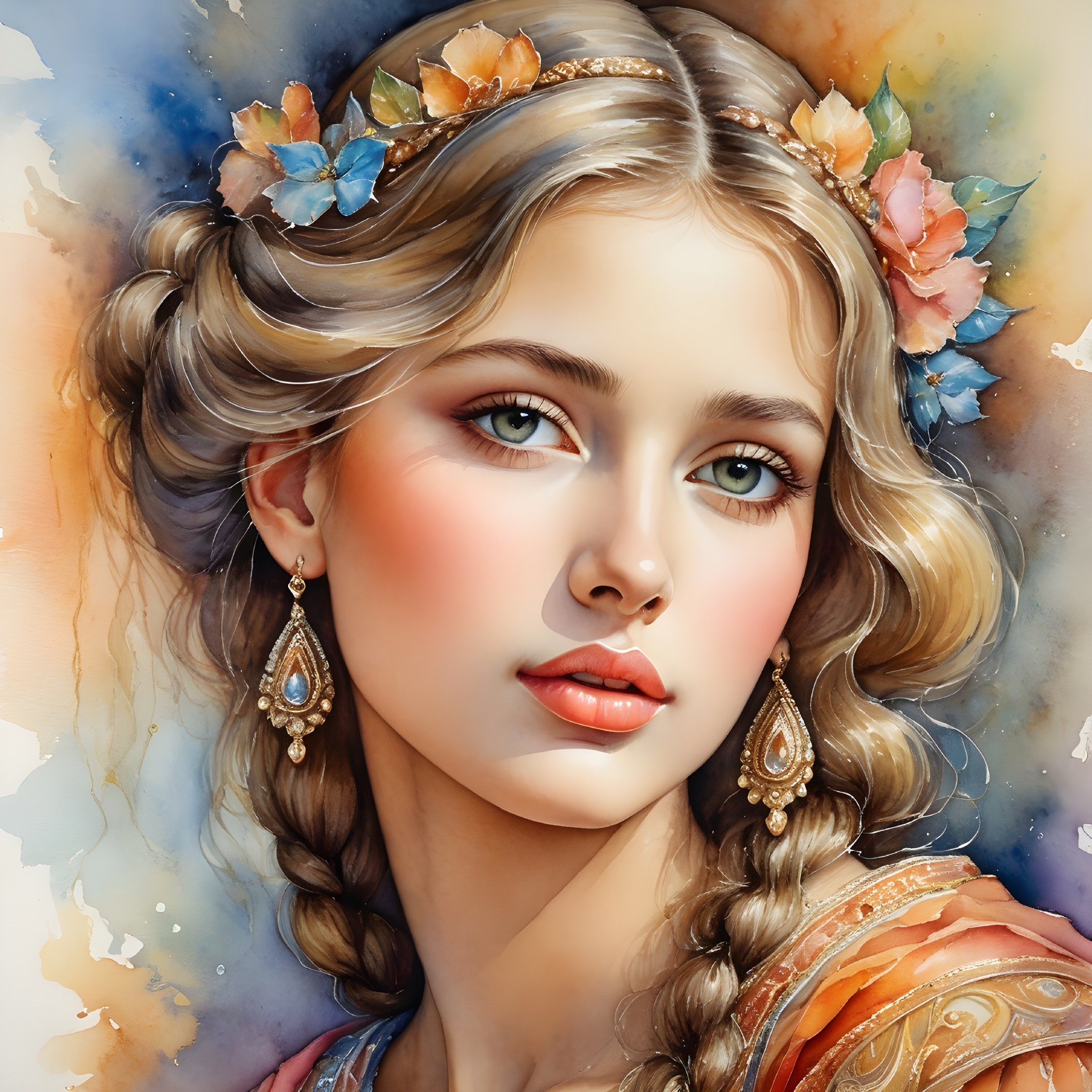 Portrait of a Young Woman with Braids and Floral Accents