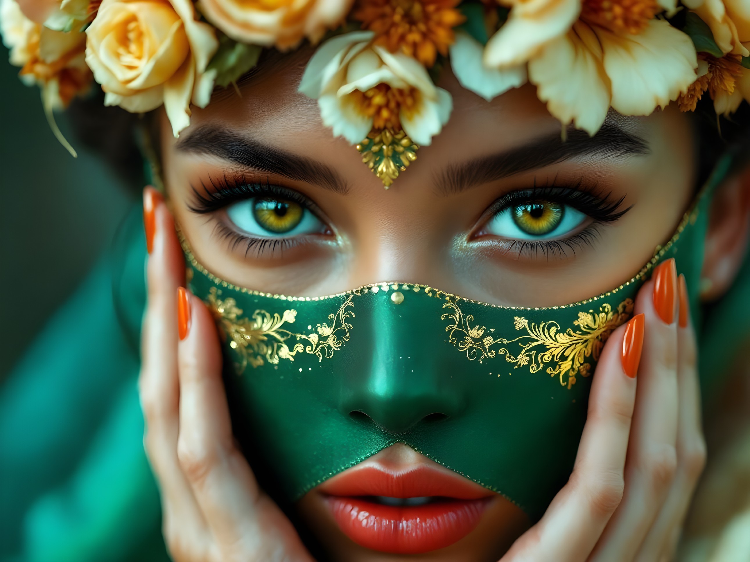 Portrait of a Young Woman with Green Eyes and Mask