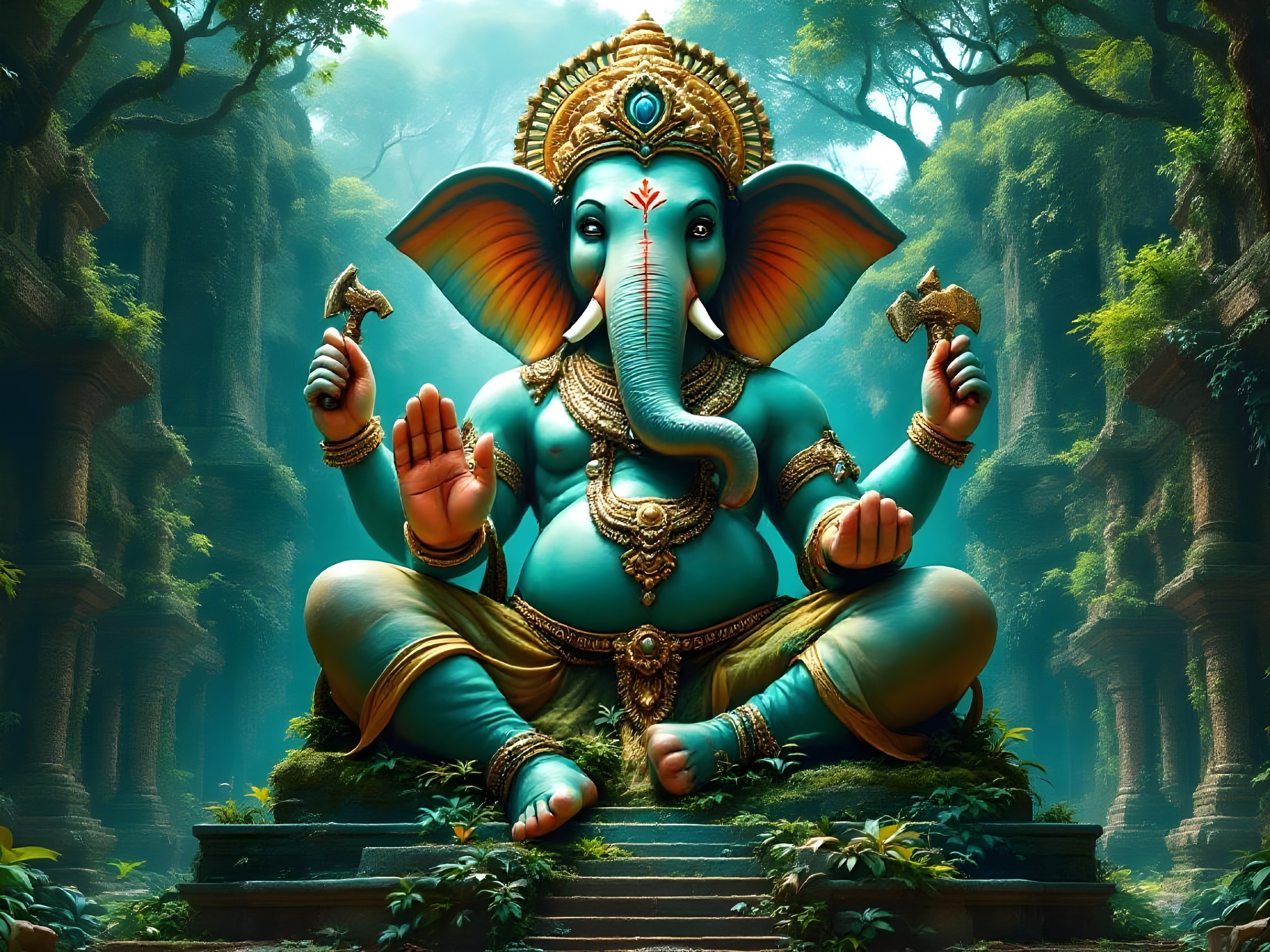 Majestic depiction of Lord Ganesha in a forest setting