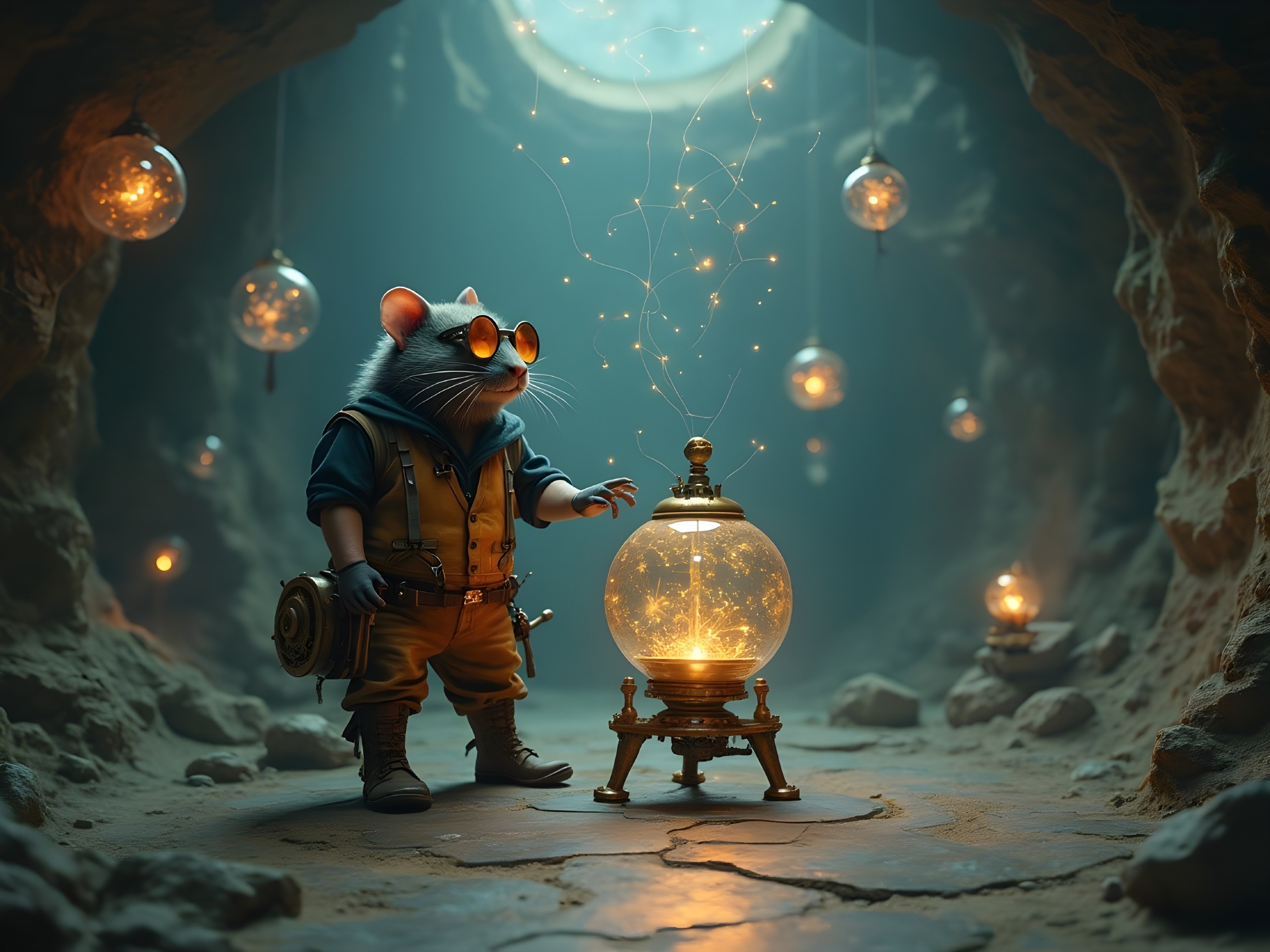Cartoon Mouse in Stylish Outfit in Dim Cave Scene