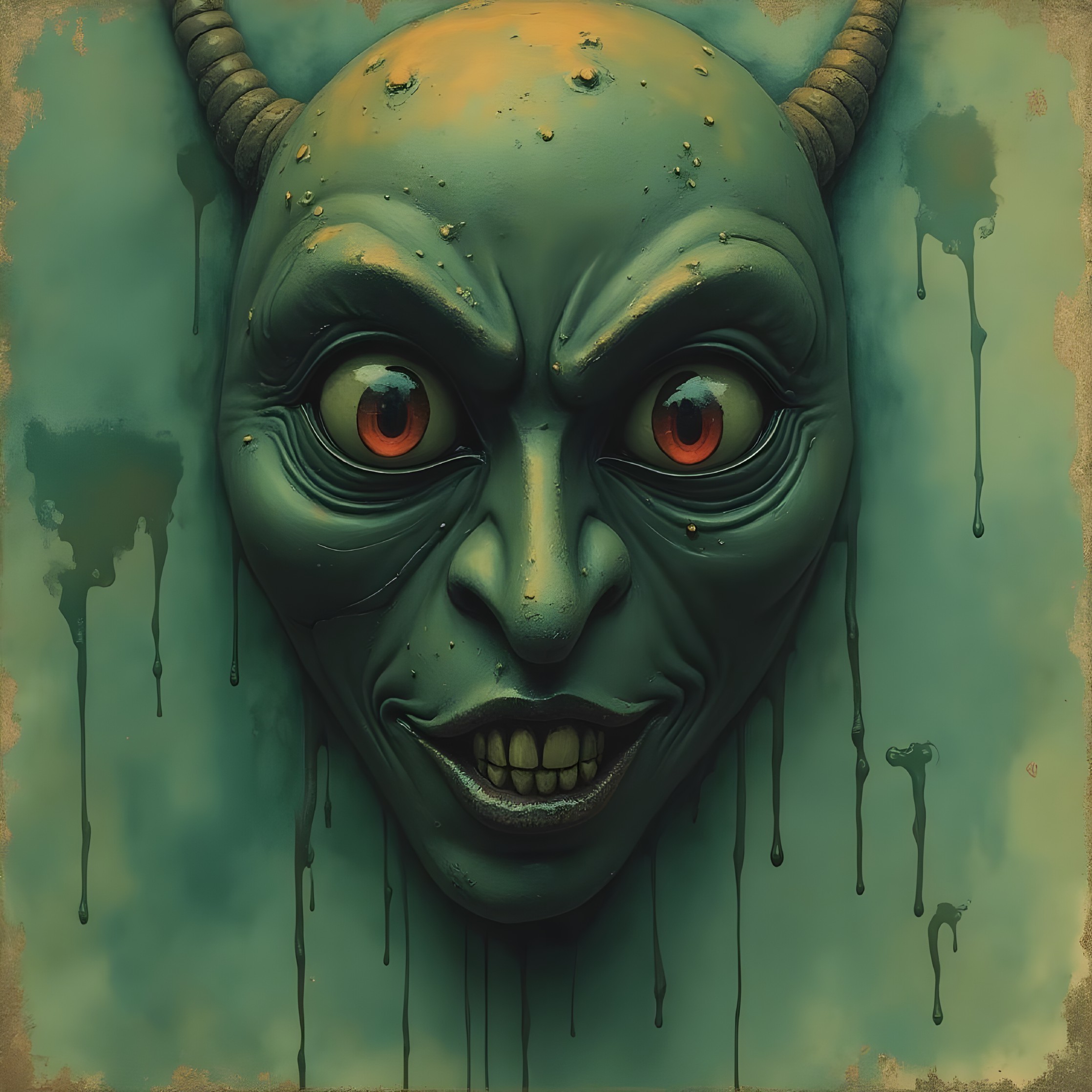 Menacing demon mask with twisted horns and glowing eyes