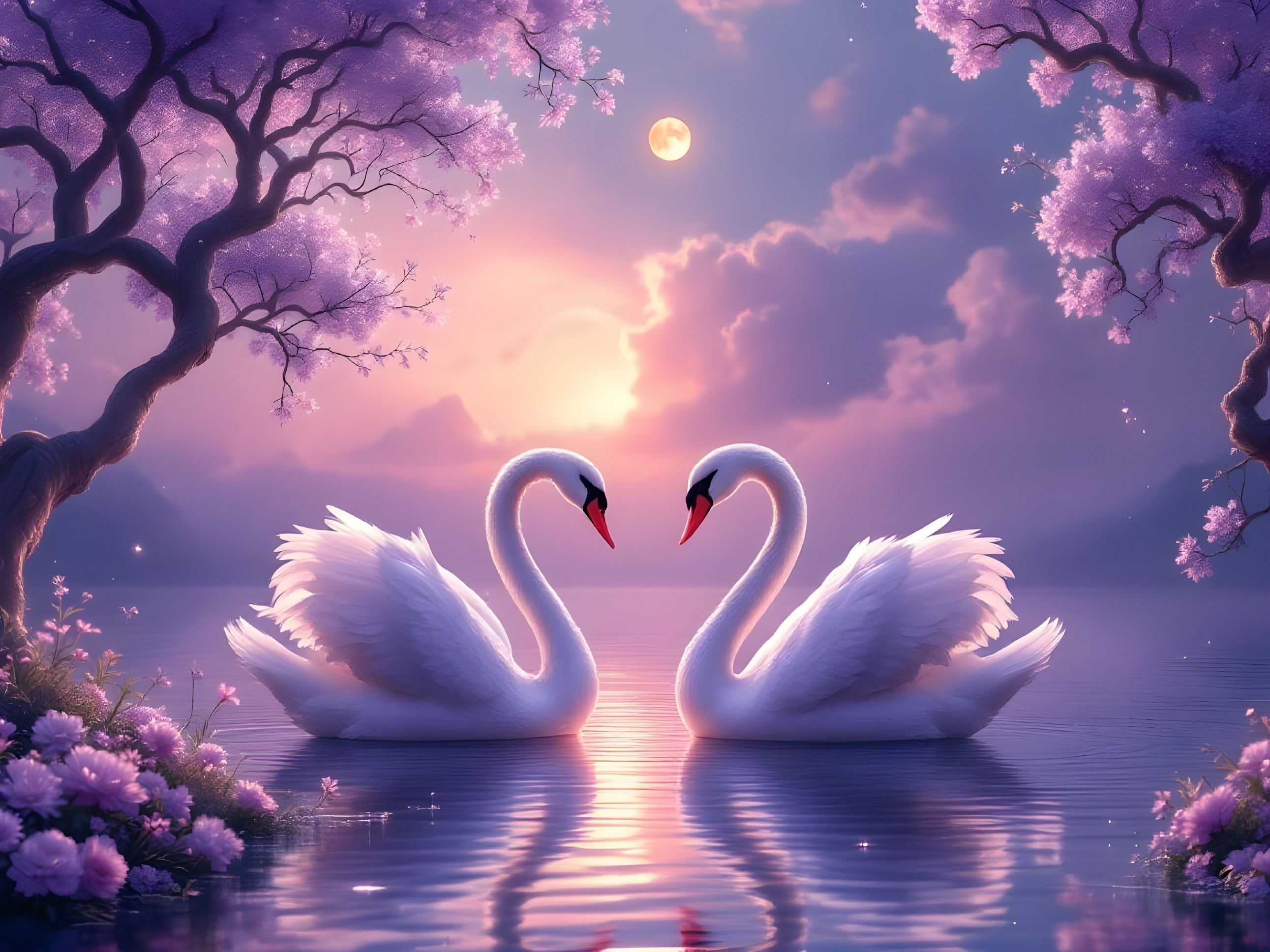 Swans on a tranquil lake under cherry blossoms at twilight