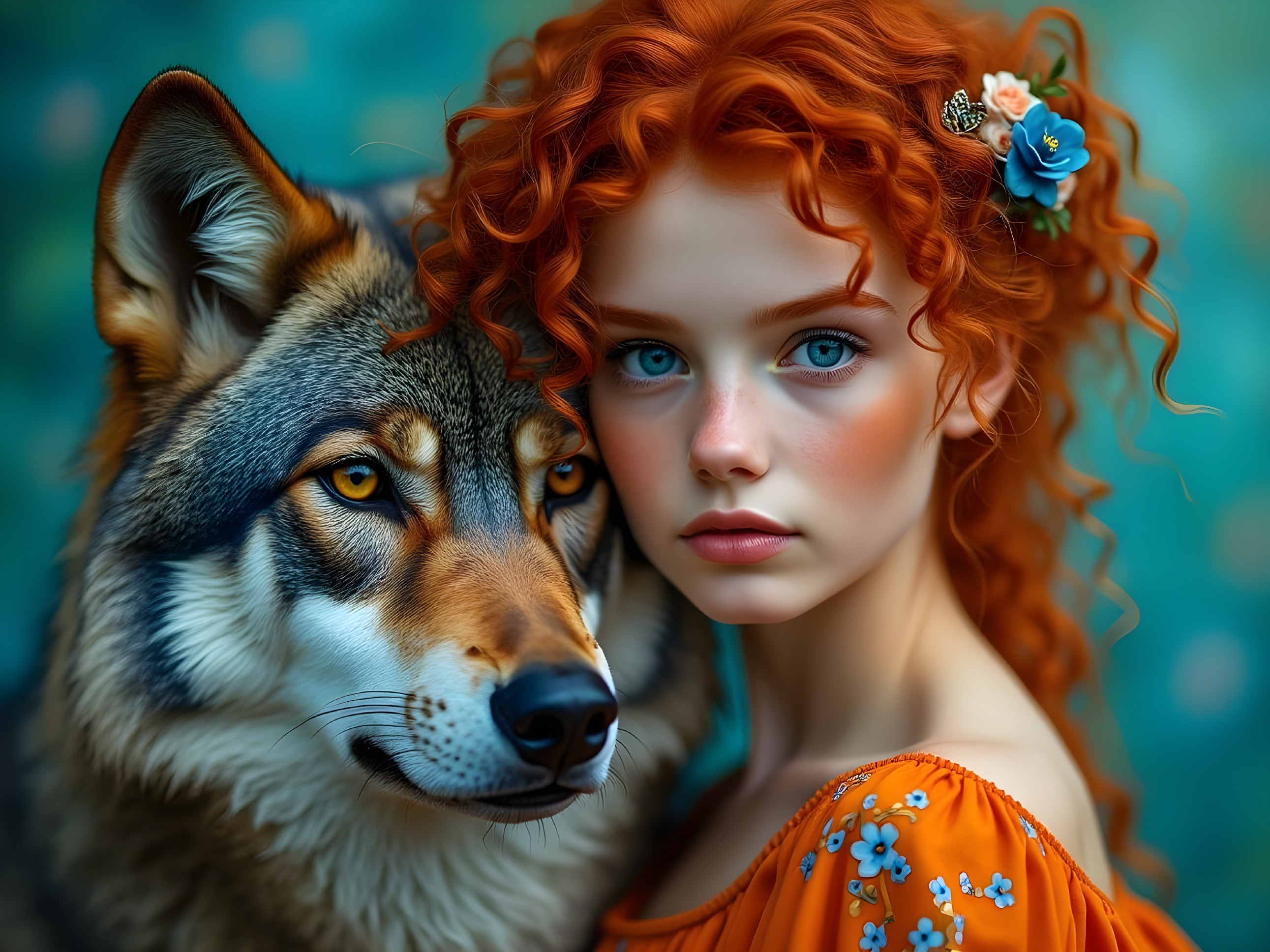 Young girl with red hair and wolf in soft background