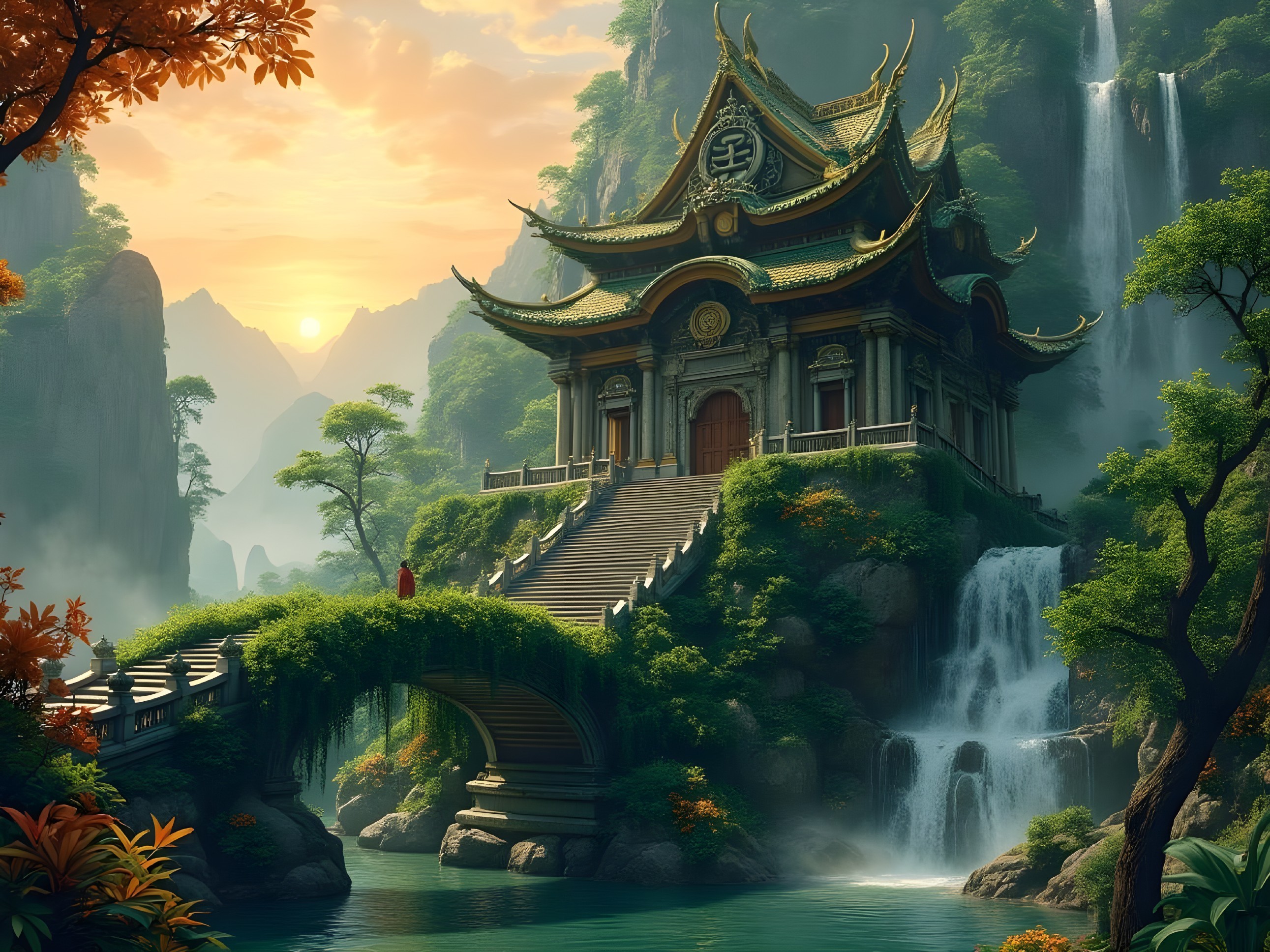 Ornate temple on hillside with waterfalls and autumn foliage