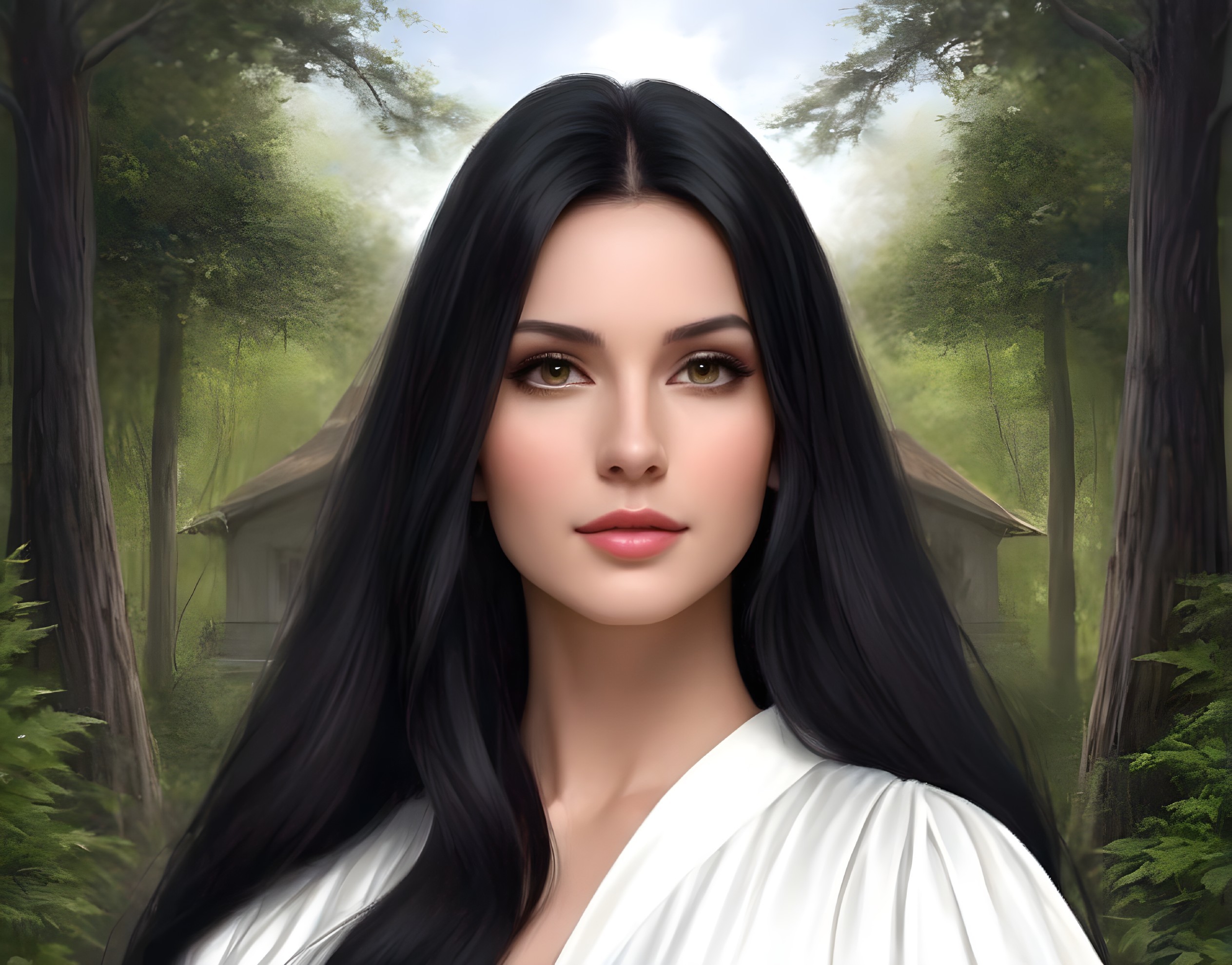 Digital artwork: Woman with black hair, green eyes, white garment in forest setting with cabin and mist