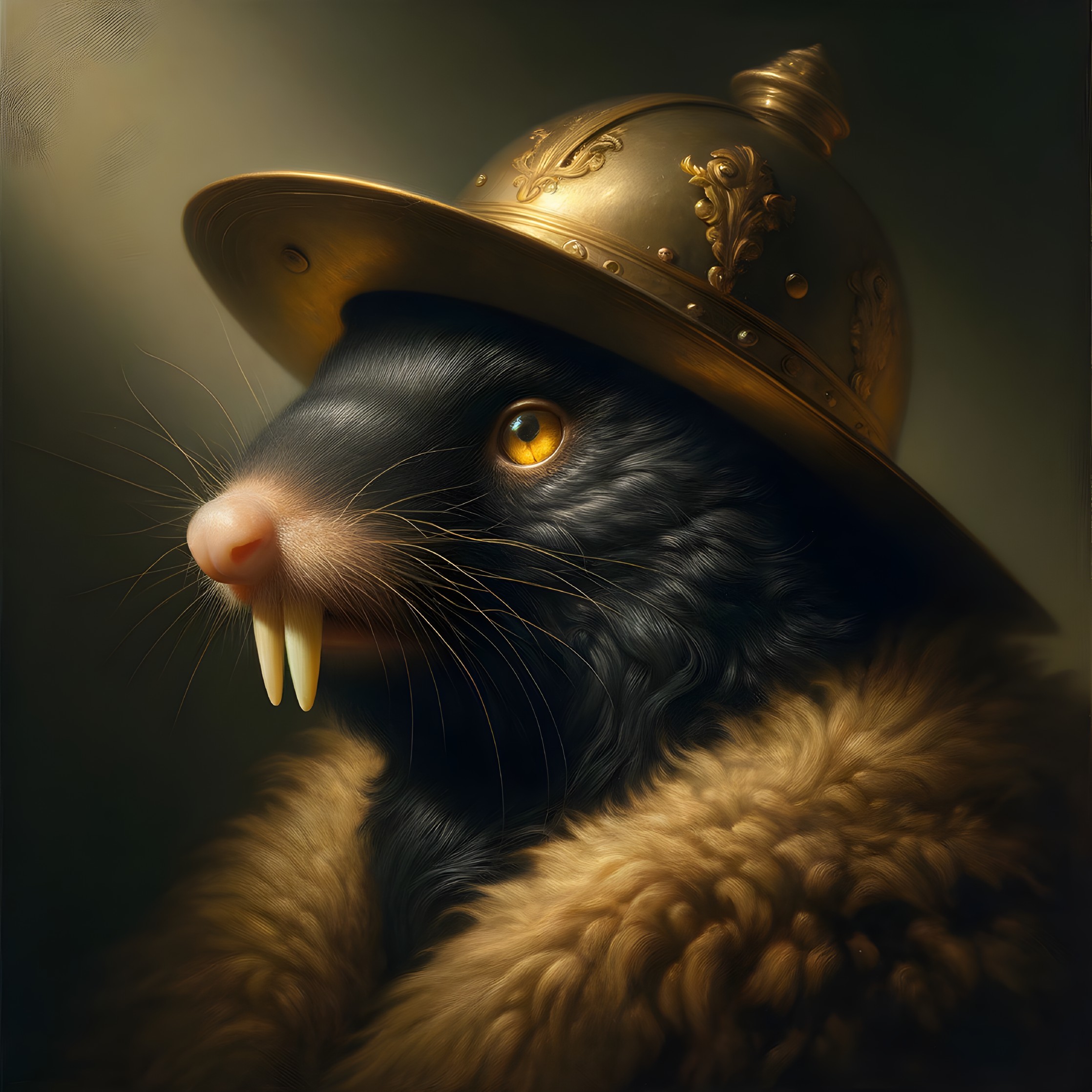 Whimsical Portrait of a Mole in a Golden Helmet