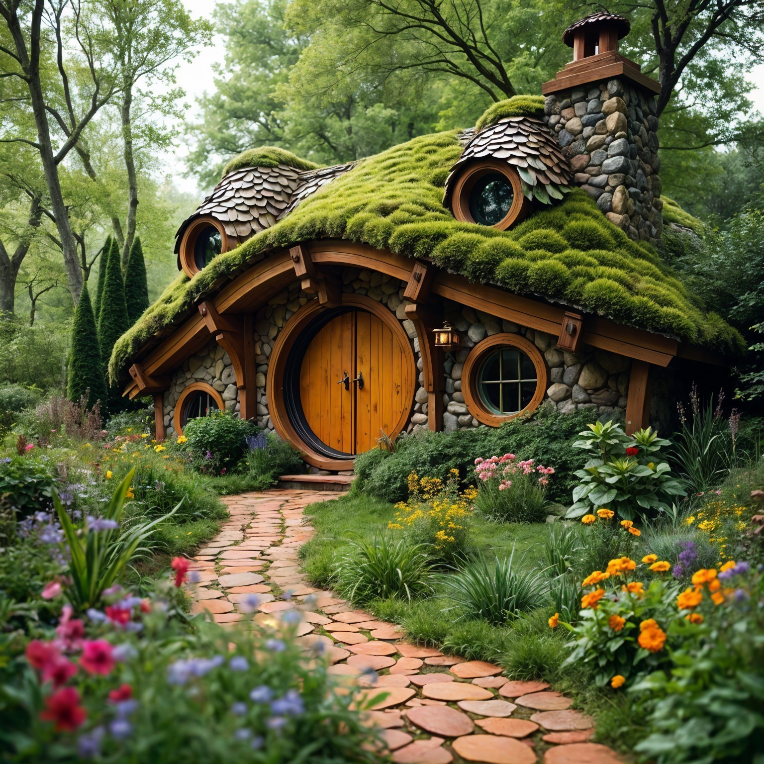 Whimsical Cottage with Moss Roof in Lush Garden