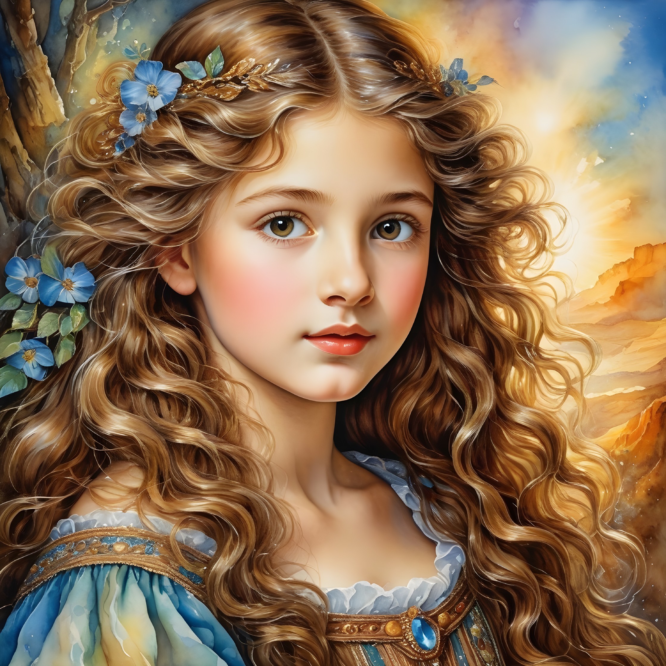 Young girl with golden hair in a sunset setting