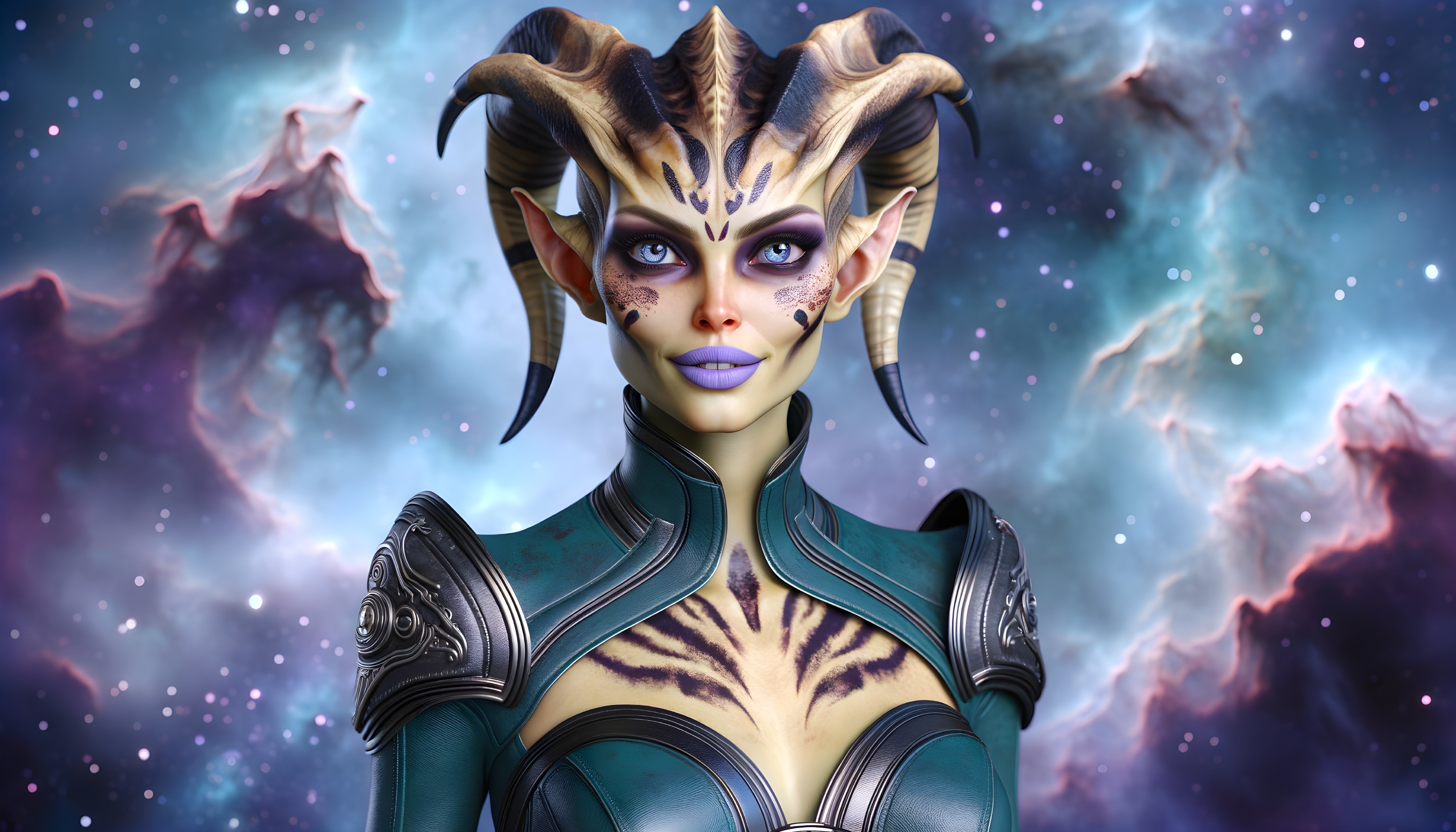 Humanoid Character with Colorful Features in Cosmic Setting