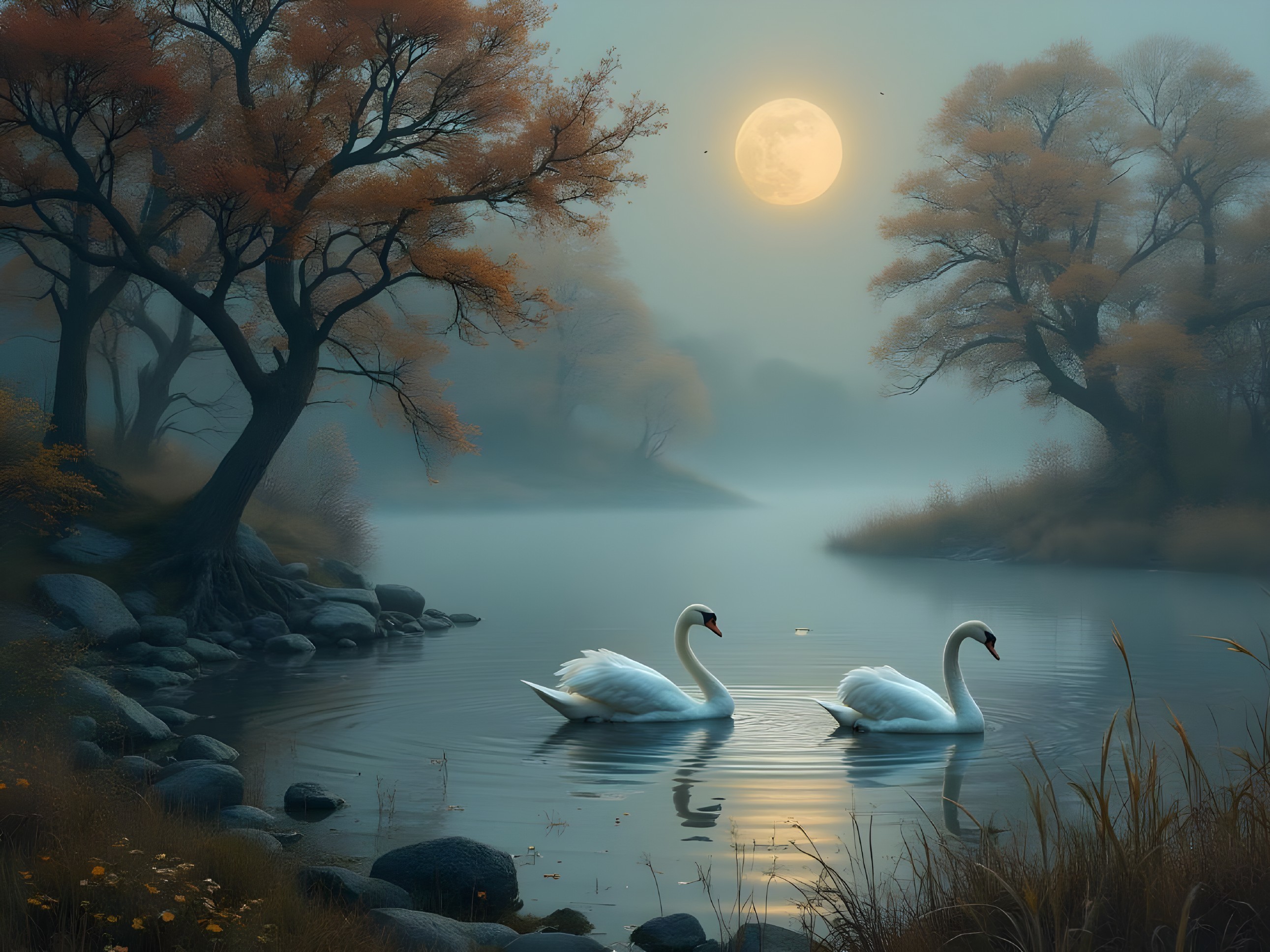 Serene Landscape with Swans on a Misty Lake