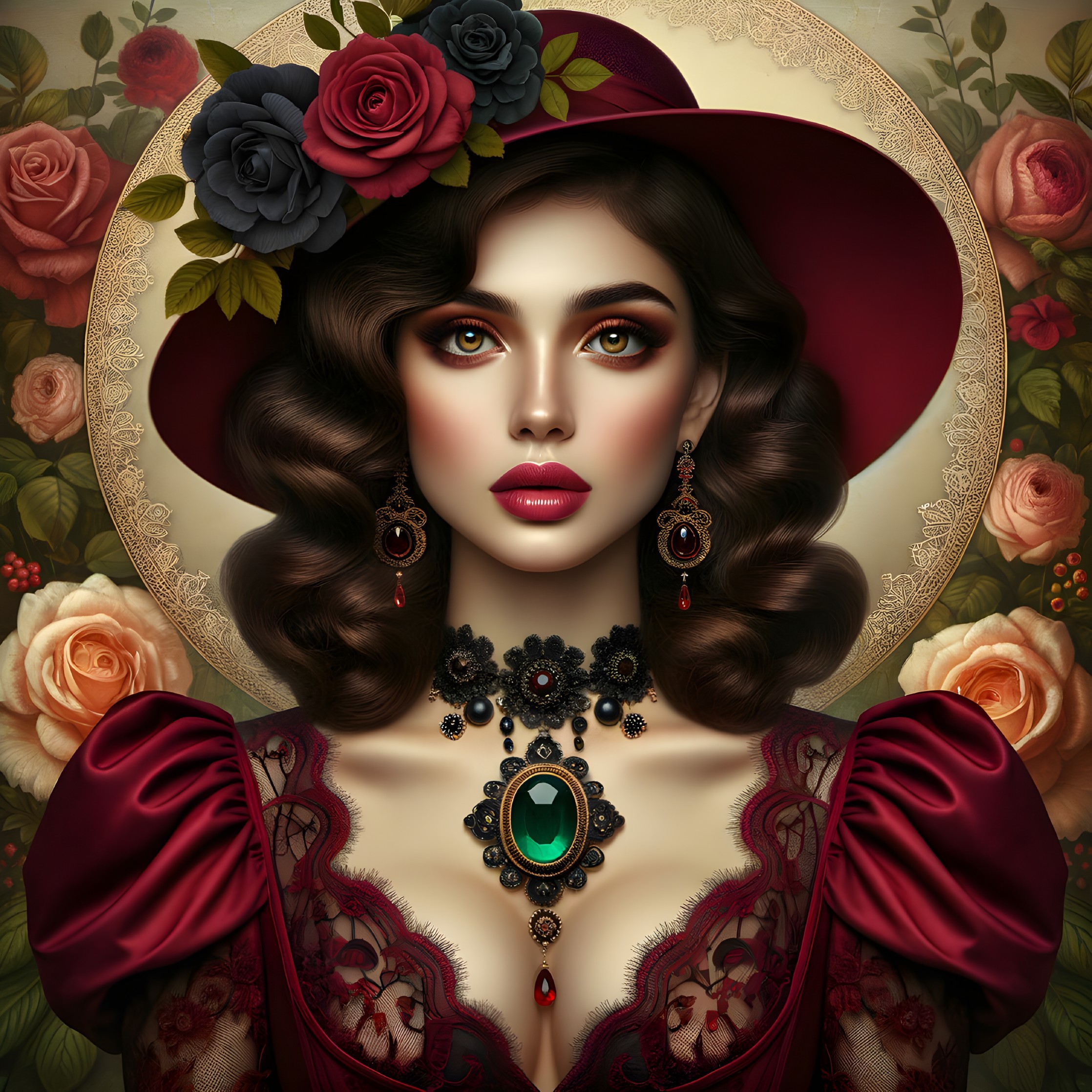 Portrait of a Woman in Red Dress with Roses and Necklace
