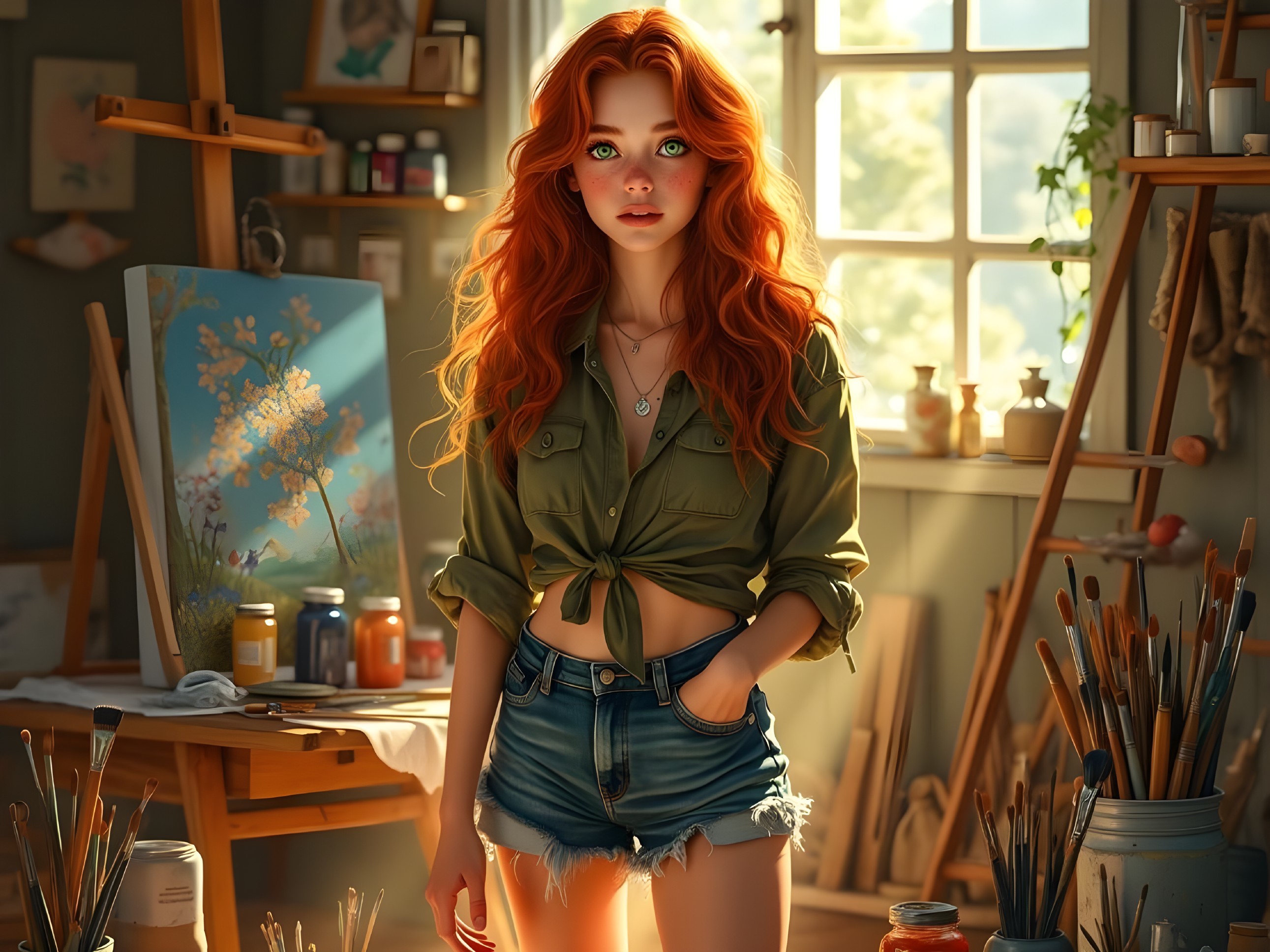 Young Woman in Sunlit Art Studio with Creative Vibe