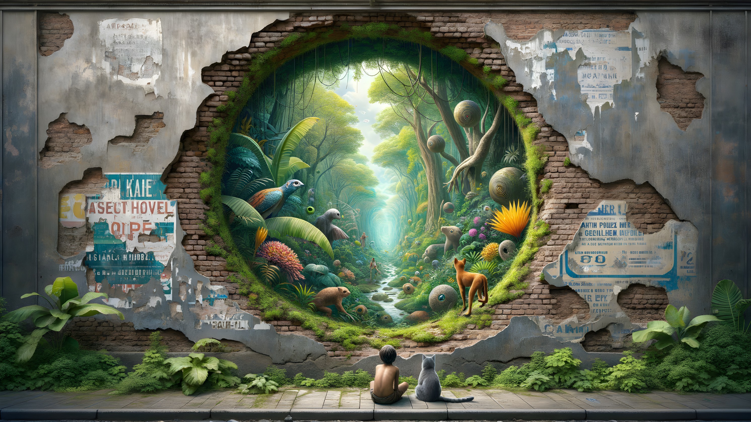 Vibrant Jungle Mural with Child and Cat Scene