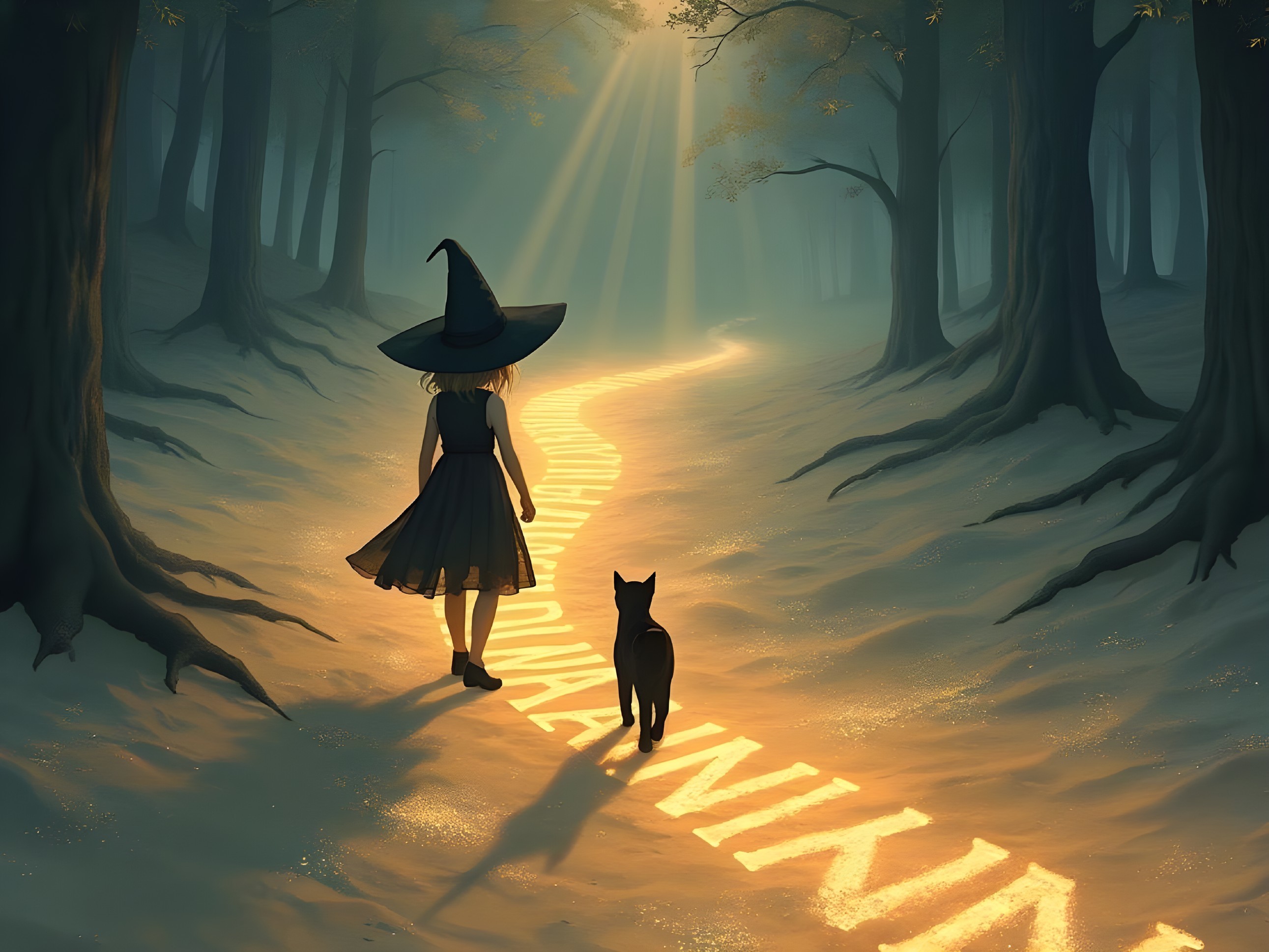 Young girl in witch's hat walks a glowing forest path