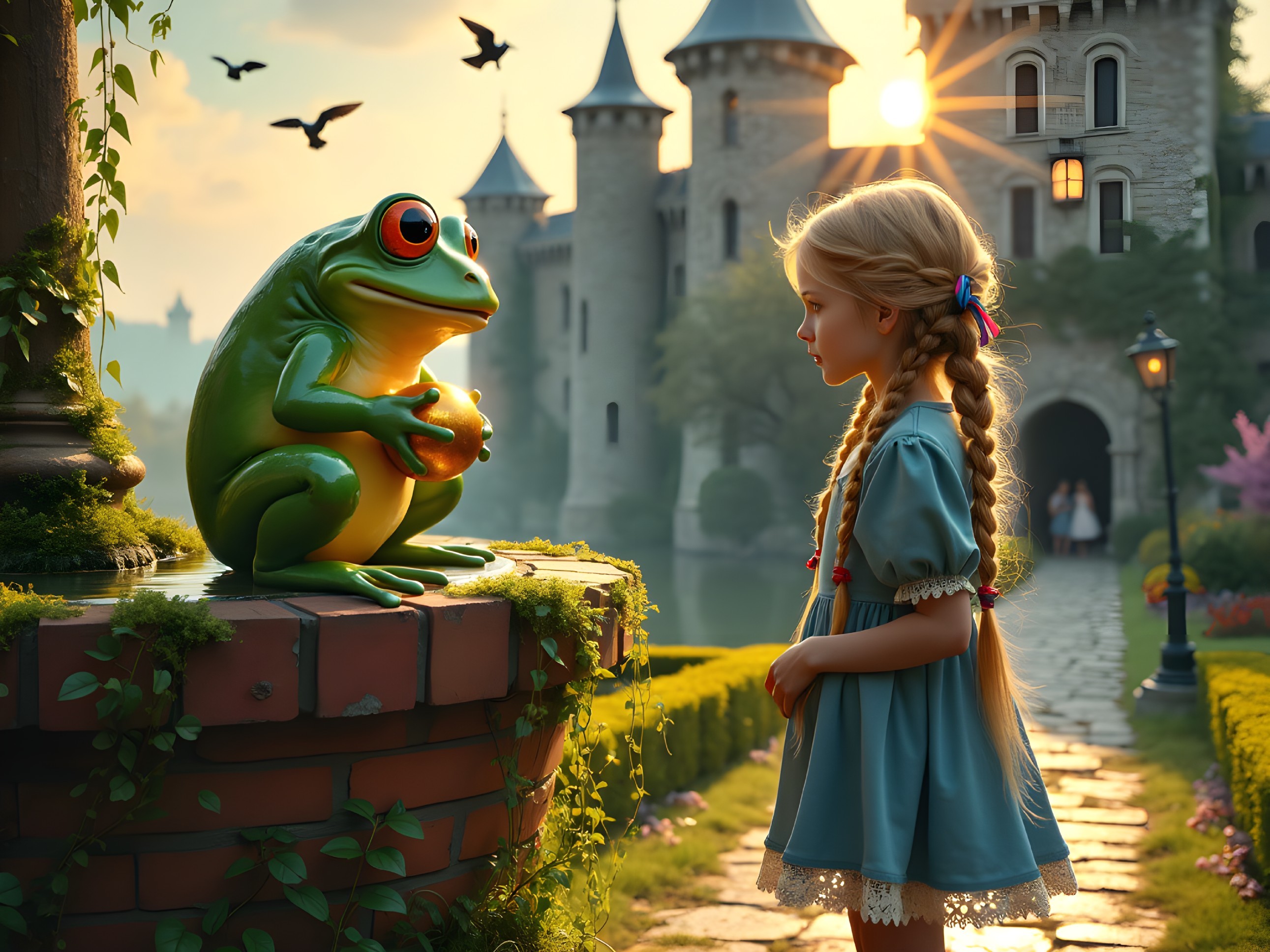 Curious Girl and Frog by a Castle in Golden Light