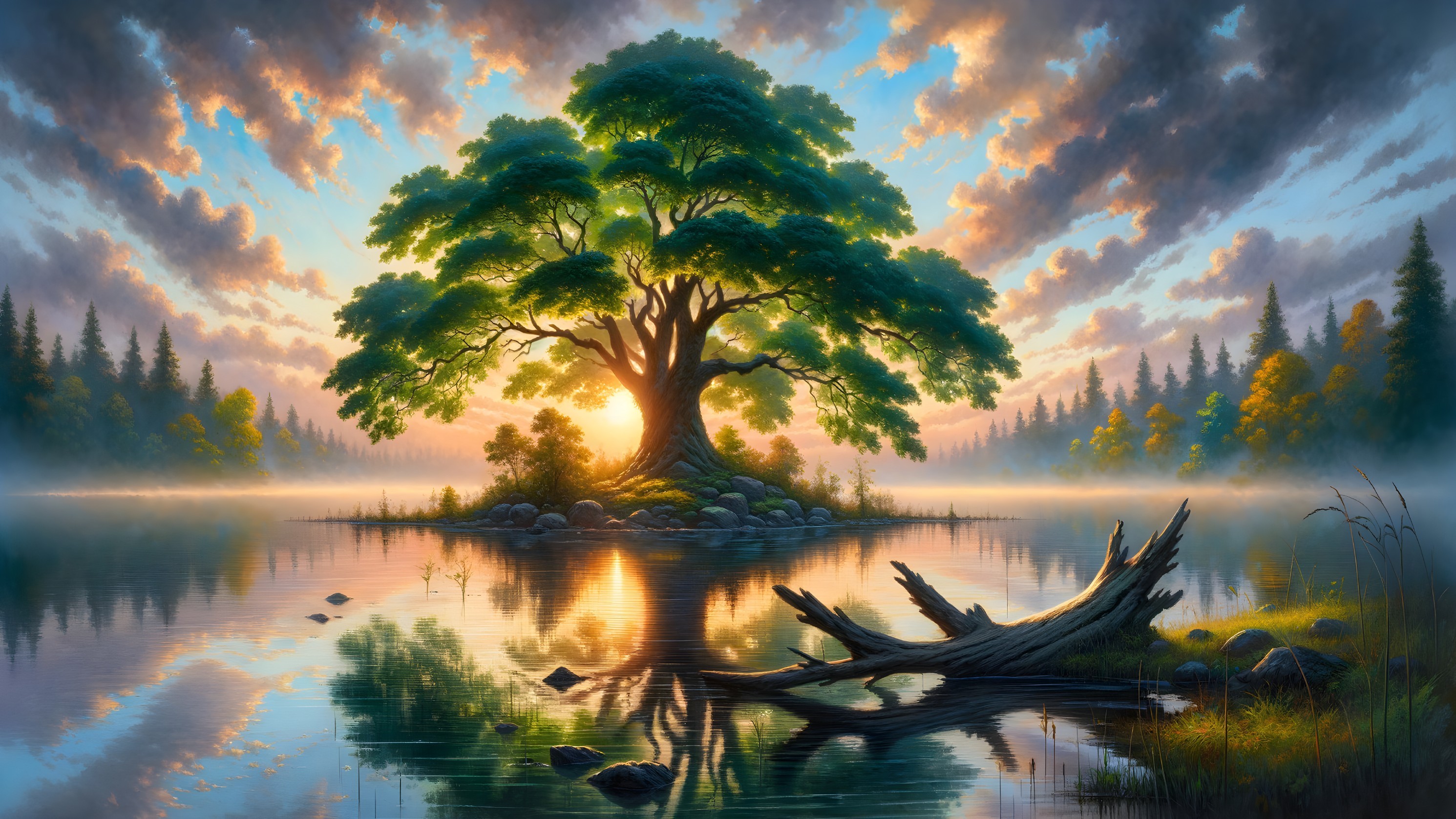 Majestic Tree on Island at Sunrise with Calm Waters