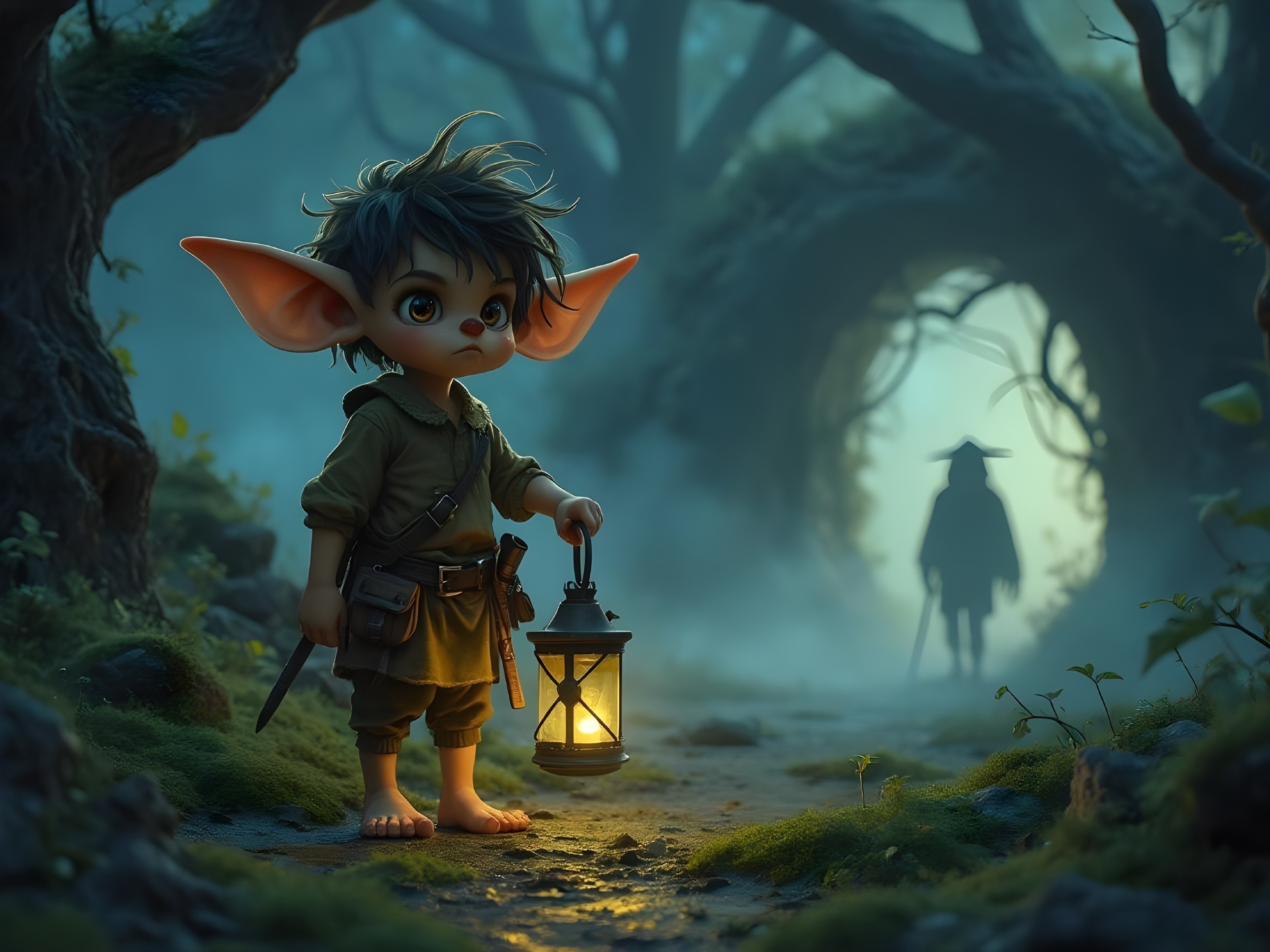 Goblin-like Creature in Mystical Forest with Lantern