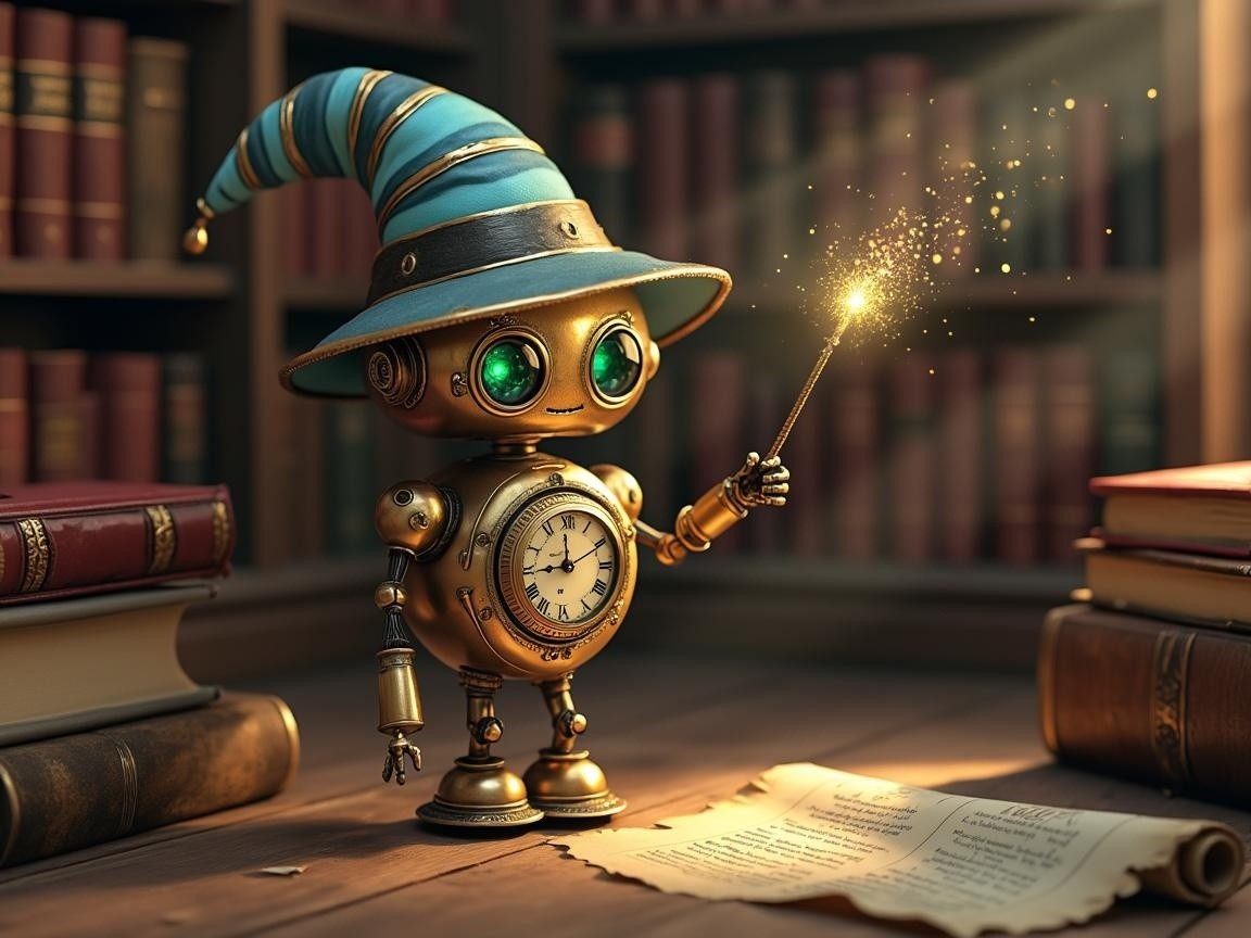 Whimsical Robot in Cozy Library with Magic Scroll