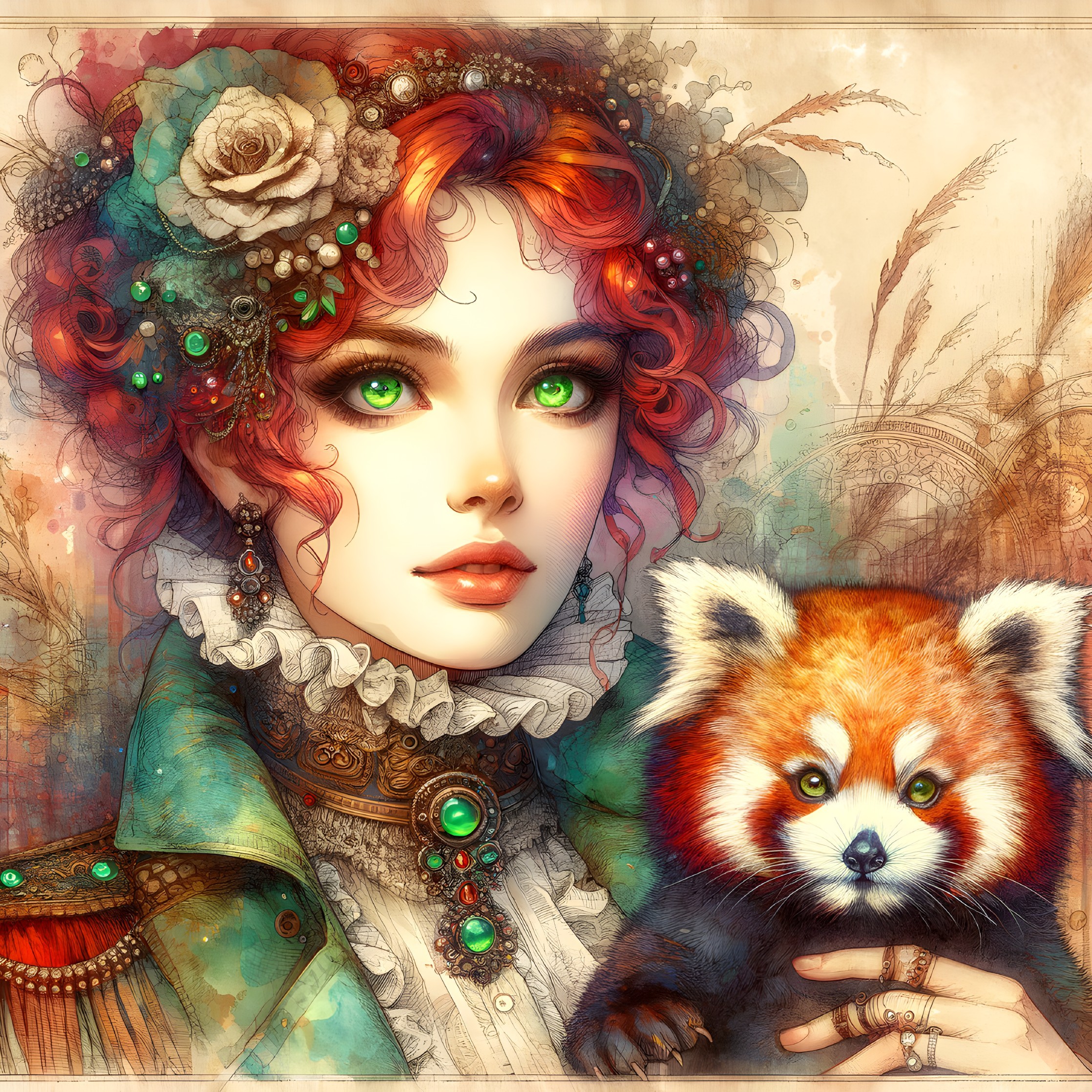 Portrait of a Young Woman with Red Curls and Panda