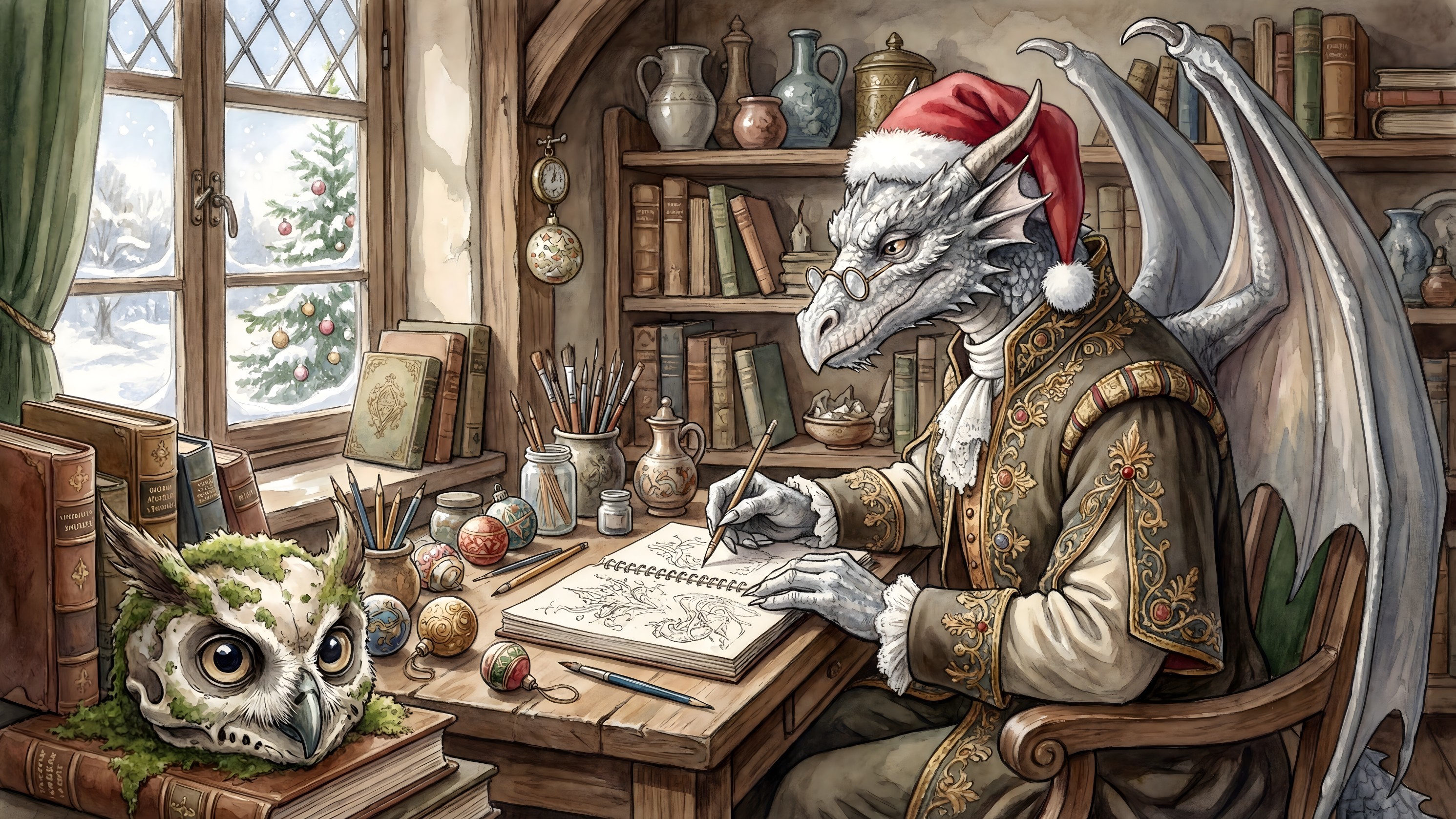 Medieval Painting of a Dragon in Christmas Setting