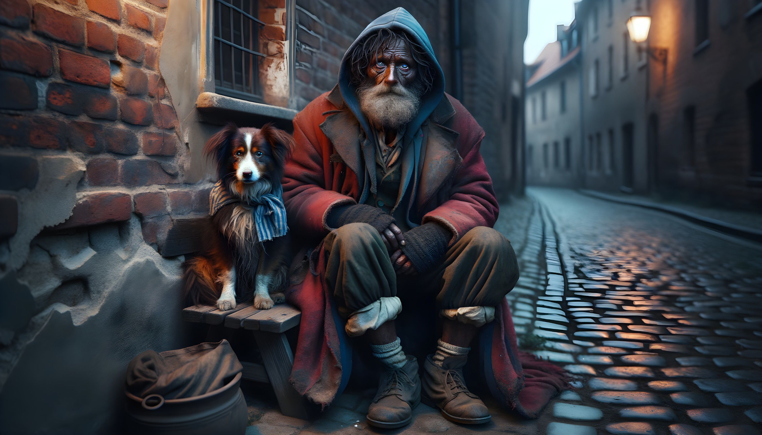 Elderly Man and Dog in Cobblestone Alleyway Scene