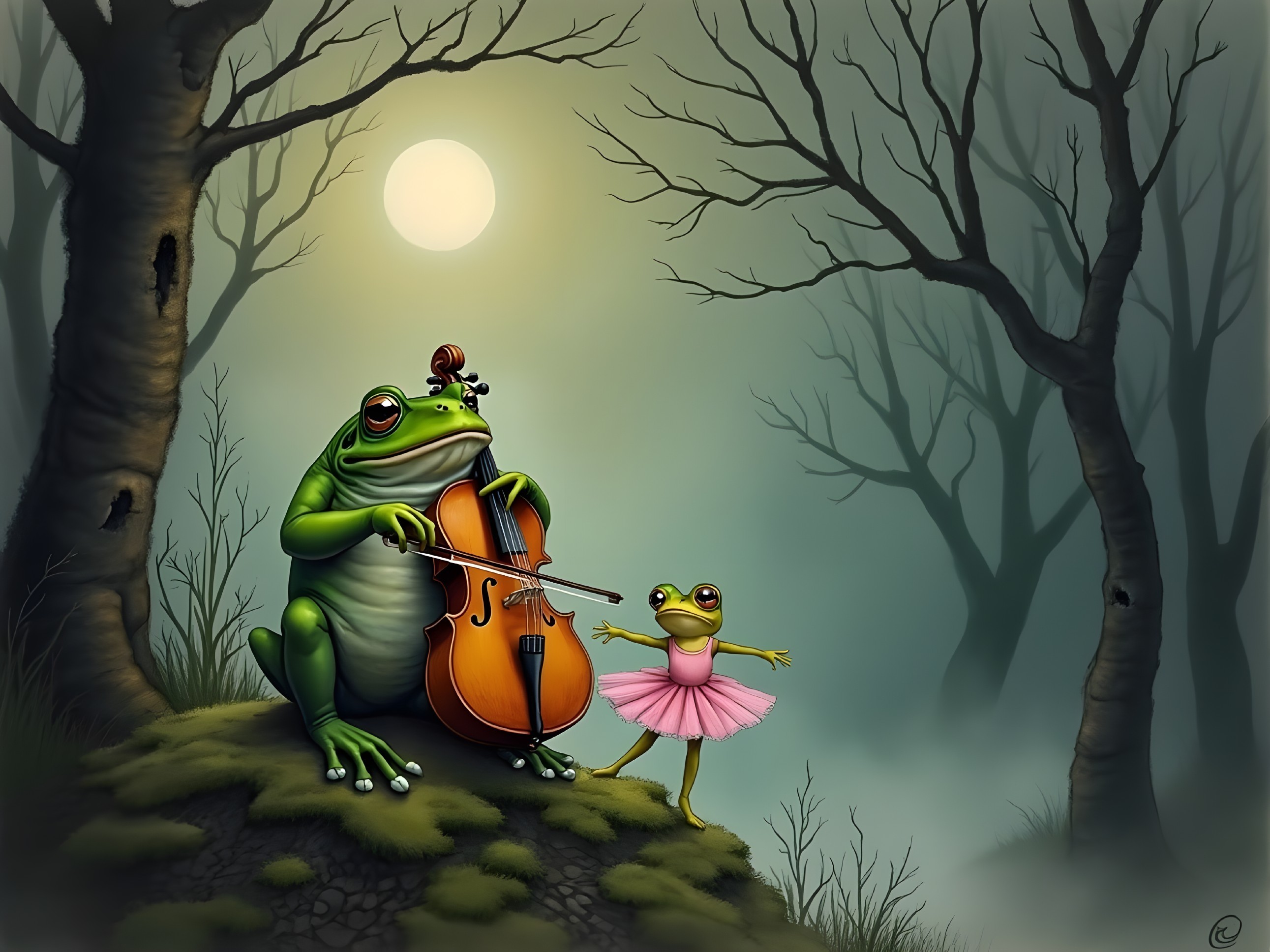 Frog Playing Cello in a Foggy Night Forest Scene