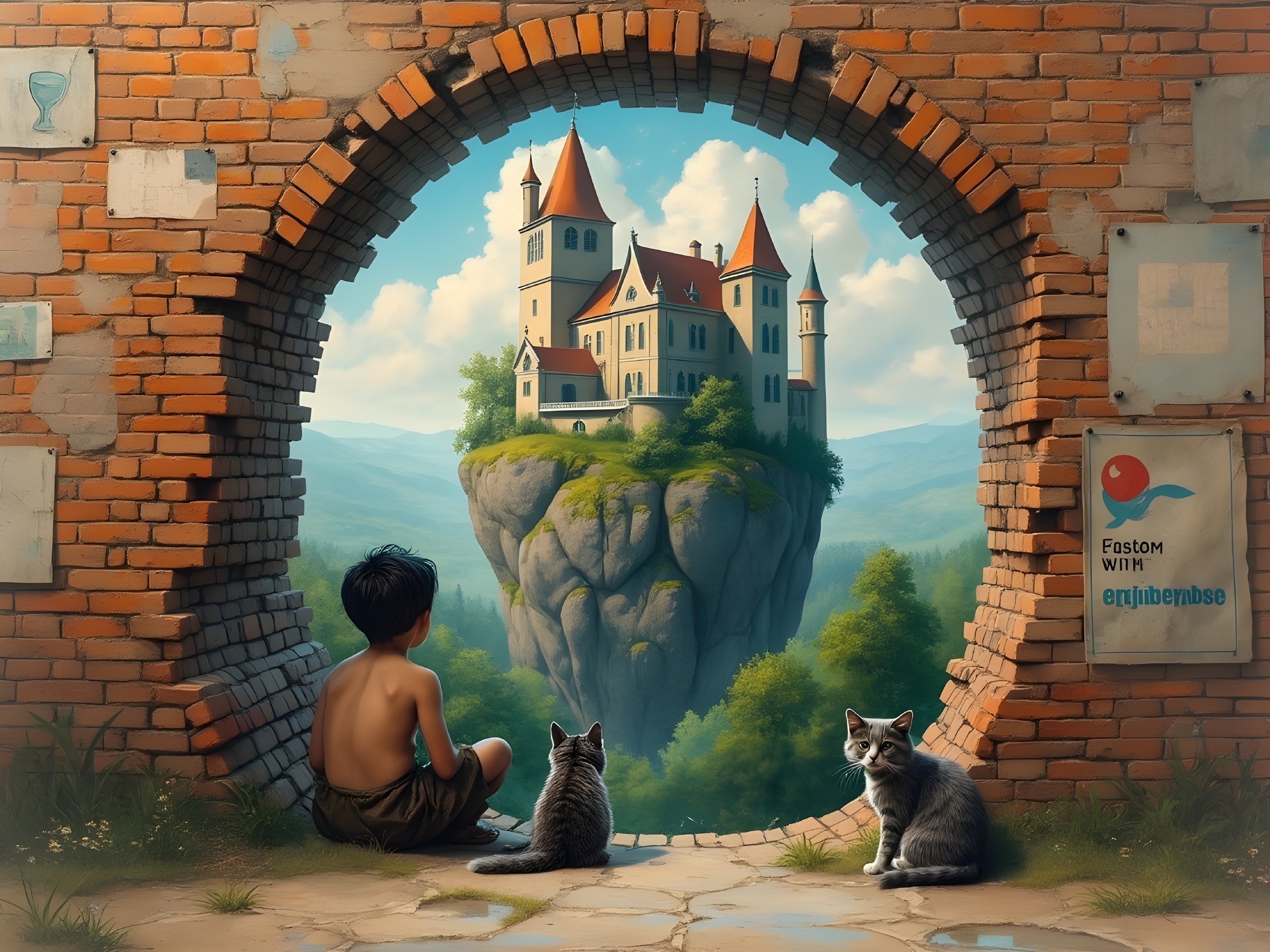 Young boy and cats view castle through stone window