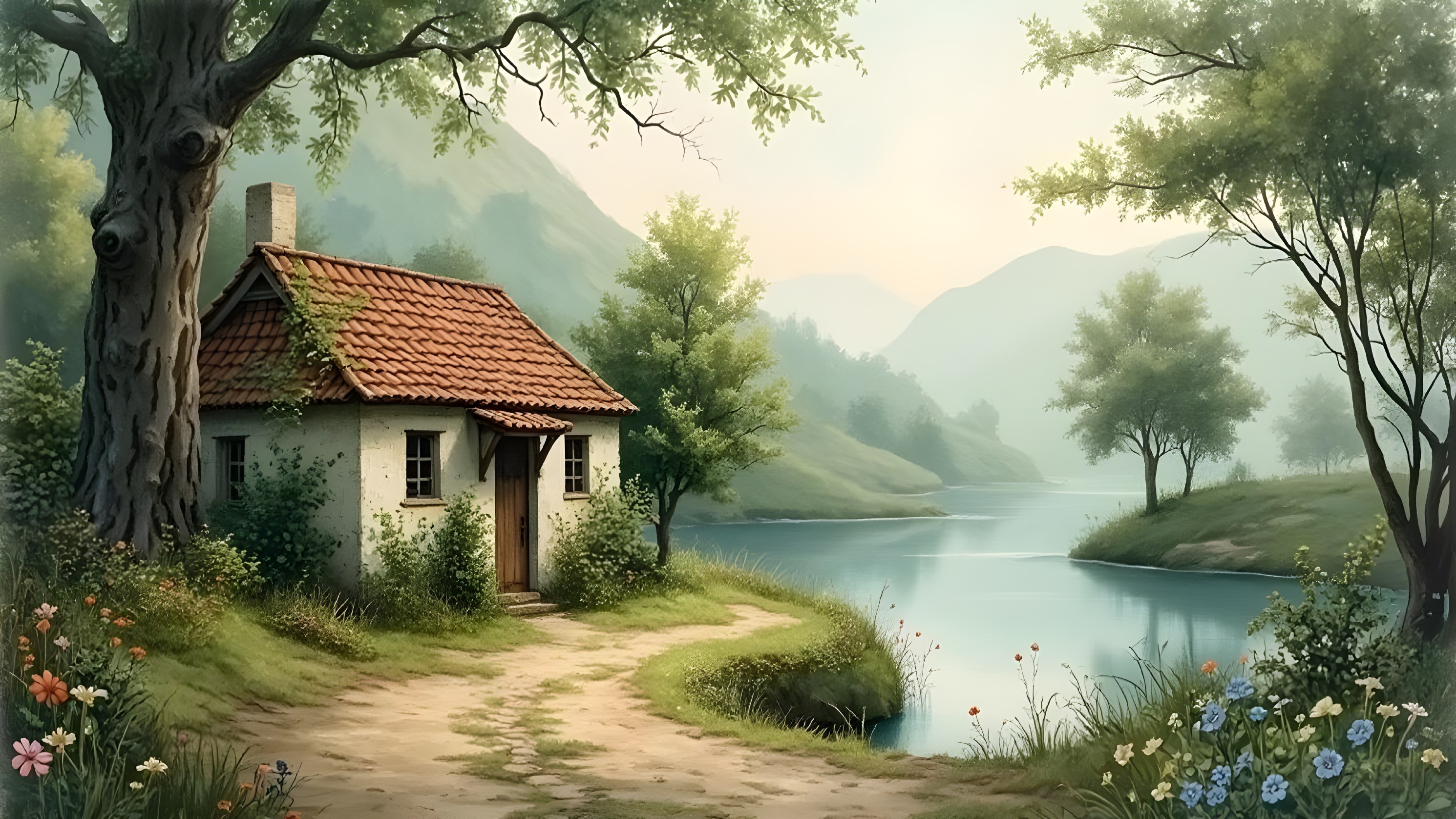 Cottage by a tranquil lake in a serene landscape