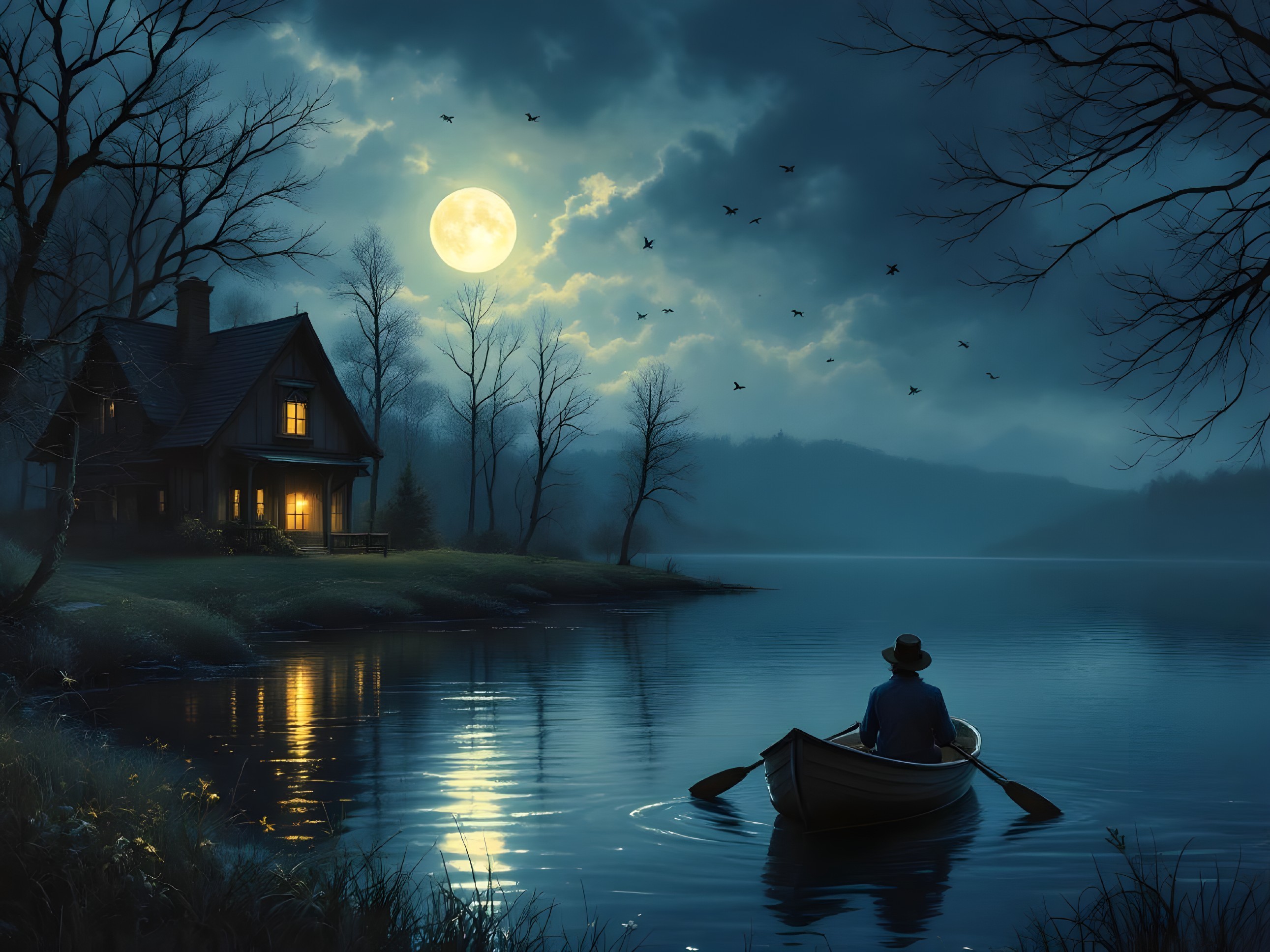 Serene Night Scene with Rowboat on Calm Lake