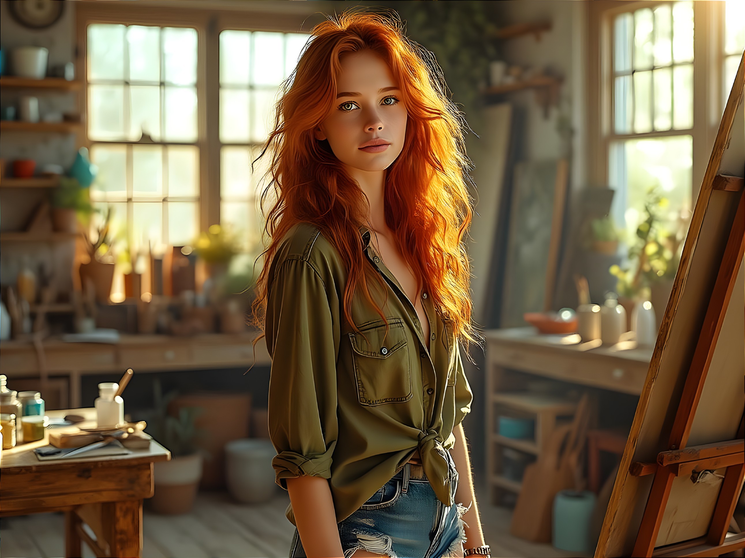 Young woman in sunlit artist's studio with art supplies