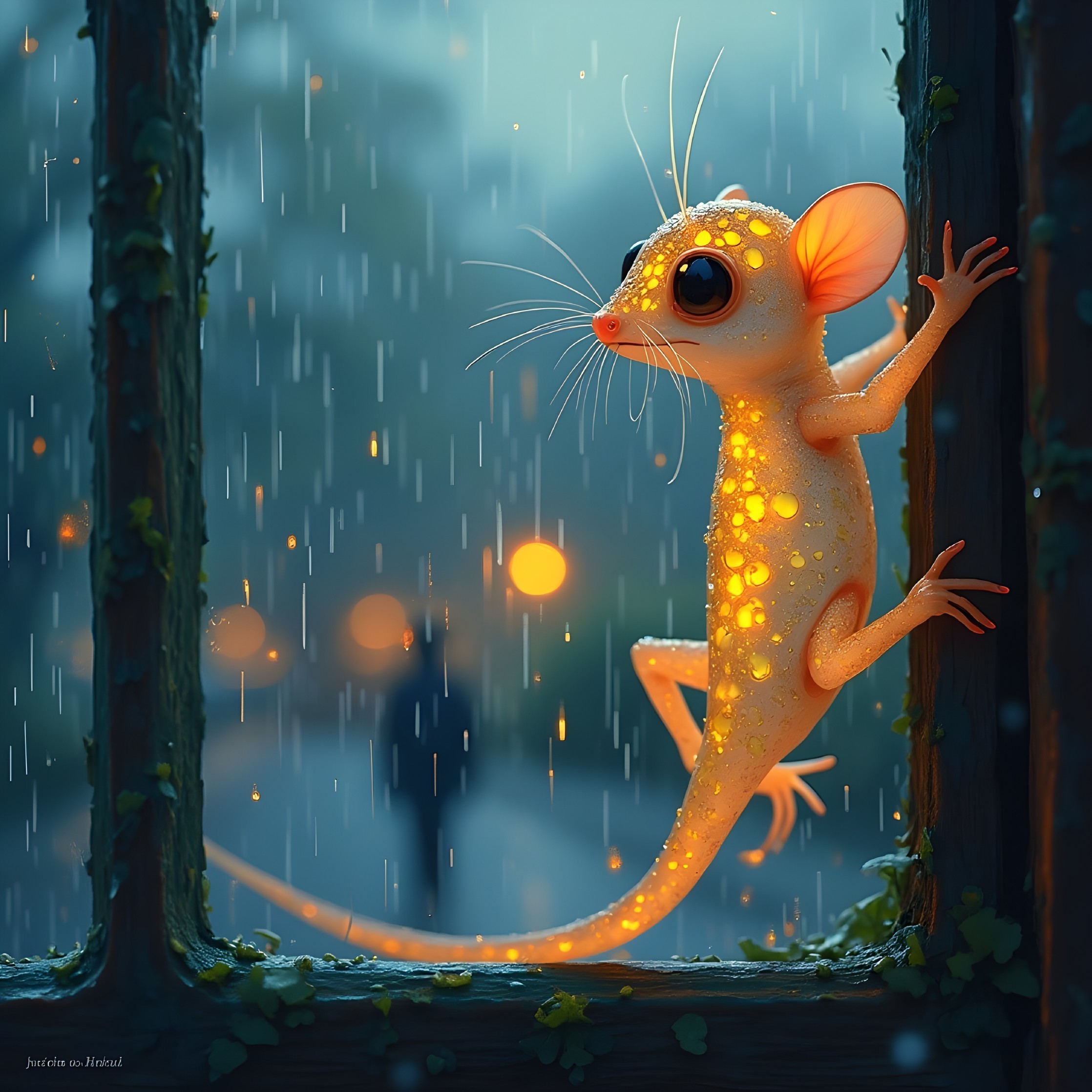 Luminous Whimsical Creature on Rainy Window Frame