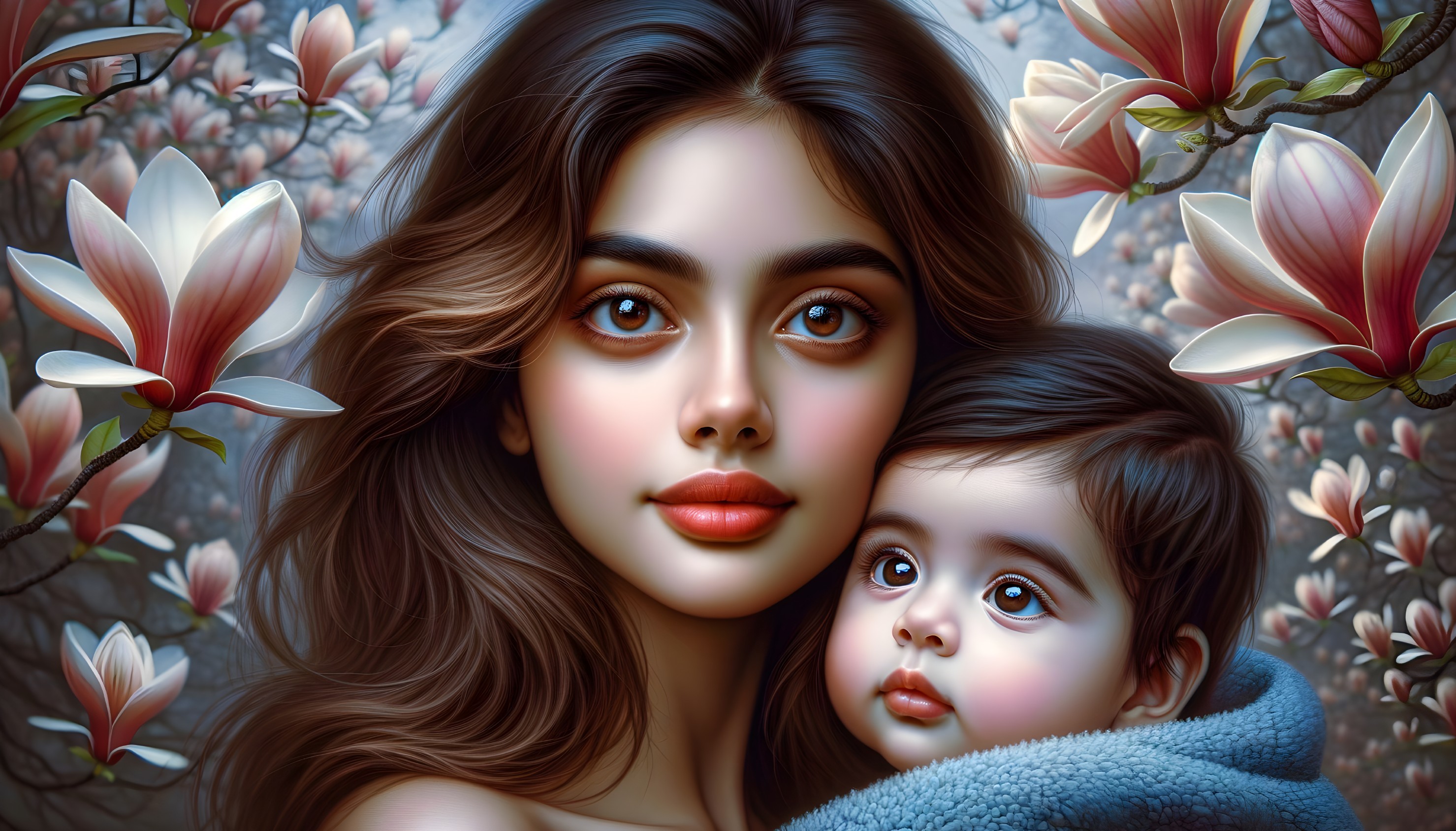 Portrait of a woman and baby with magnolia flowers