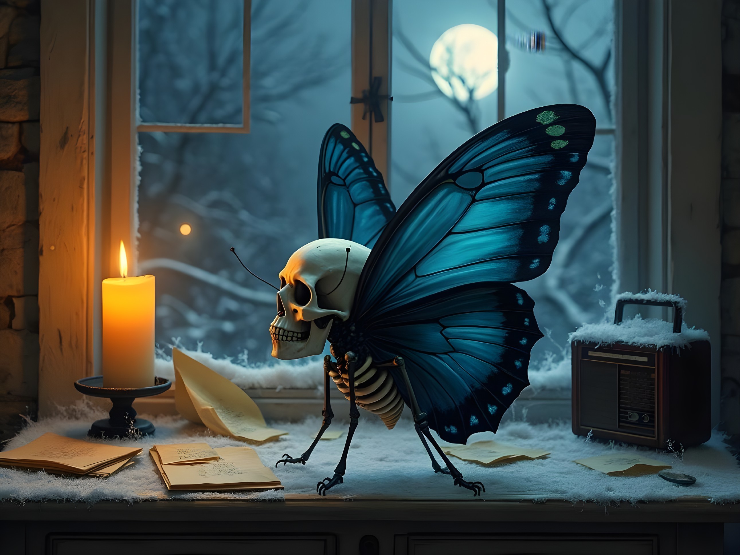 Skull with Butterfly Wings in a Winter Landscape