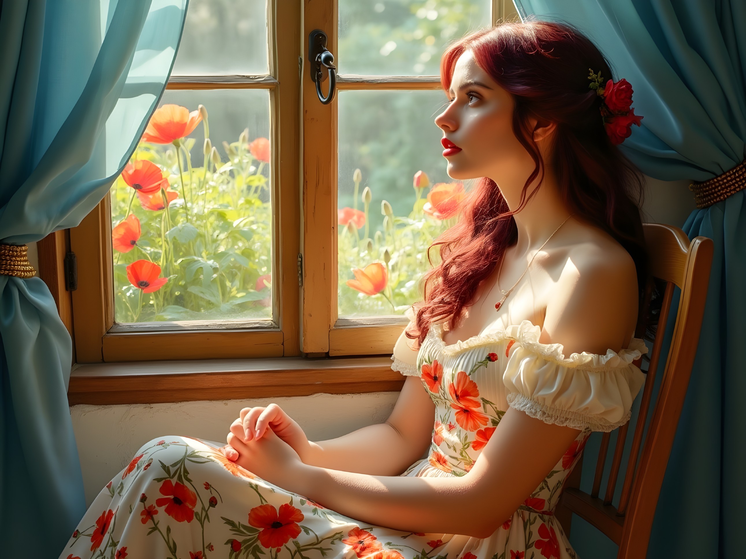 Young woman with red hair by window in floral dress