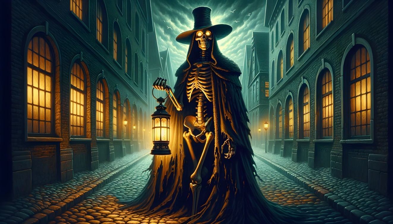 Eerie Scene of a Cloaked Figure on a Misty Street