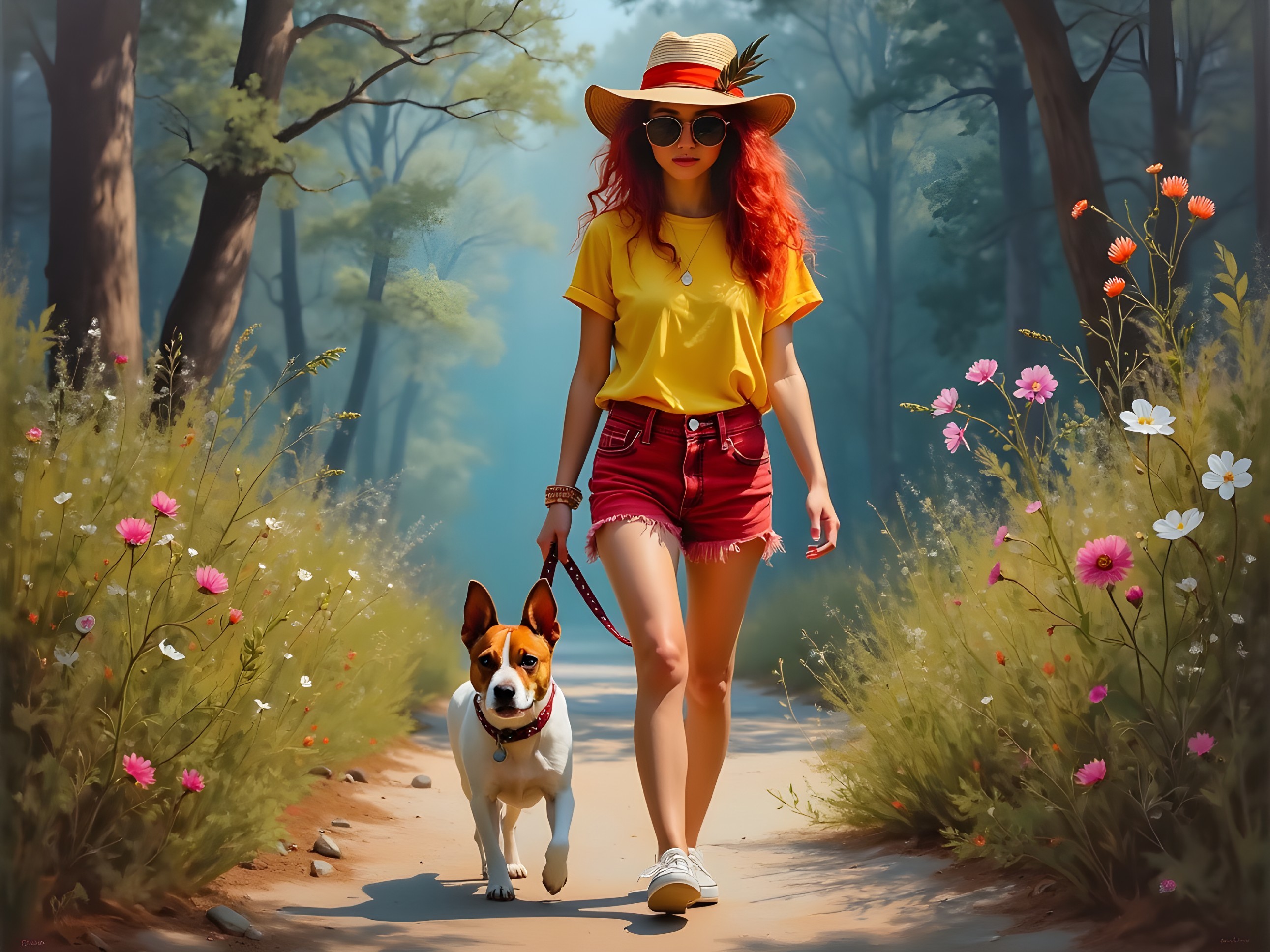 Young woman in bright attire walking with a dog in forest