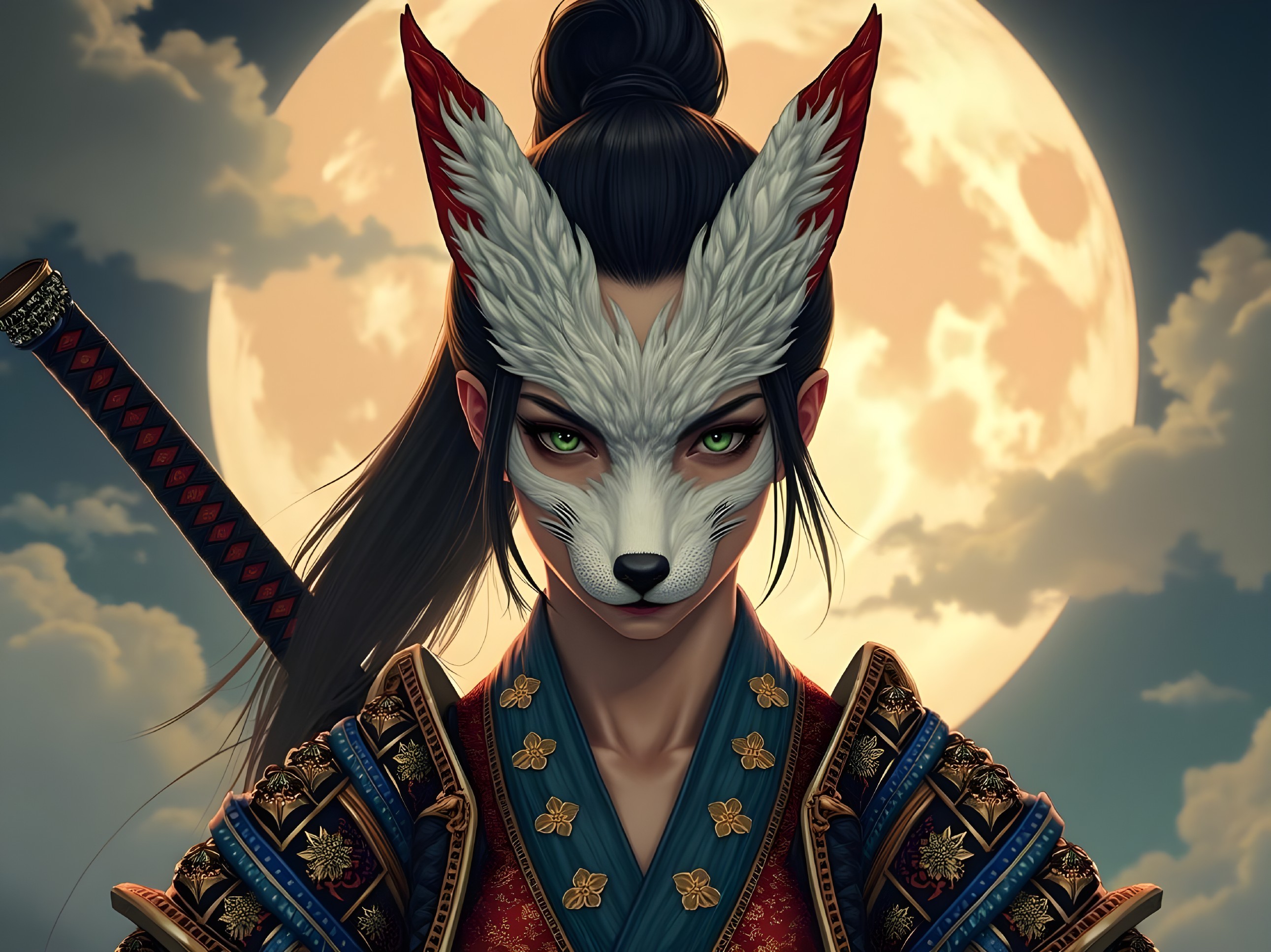 Warrior in Armor with Fox Spirit Elements Under Moonlight