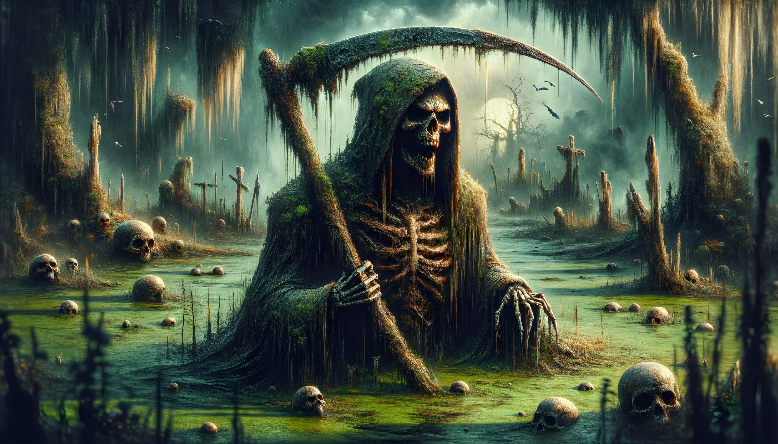 Eerie Landscape with Skeletal Figure and Grave Markers
